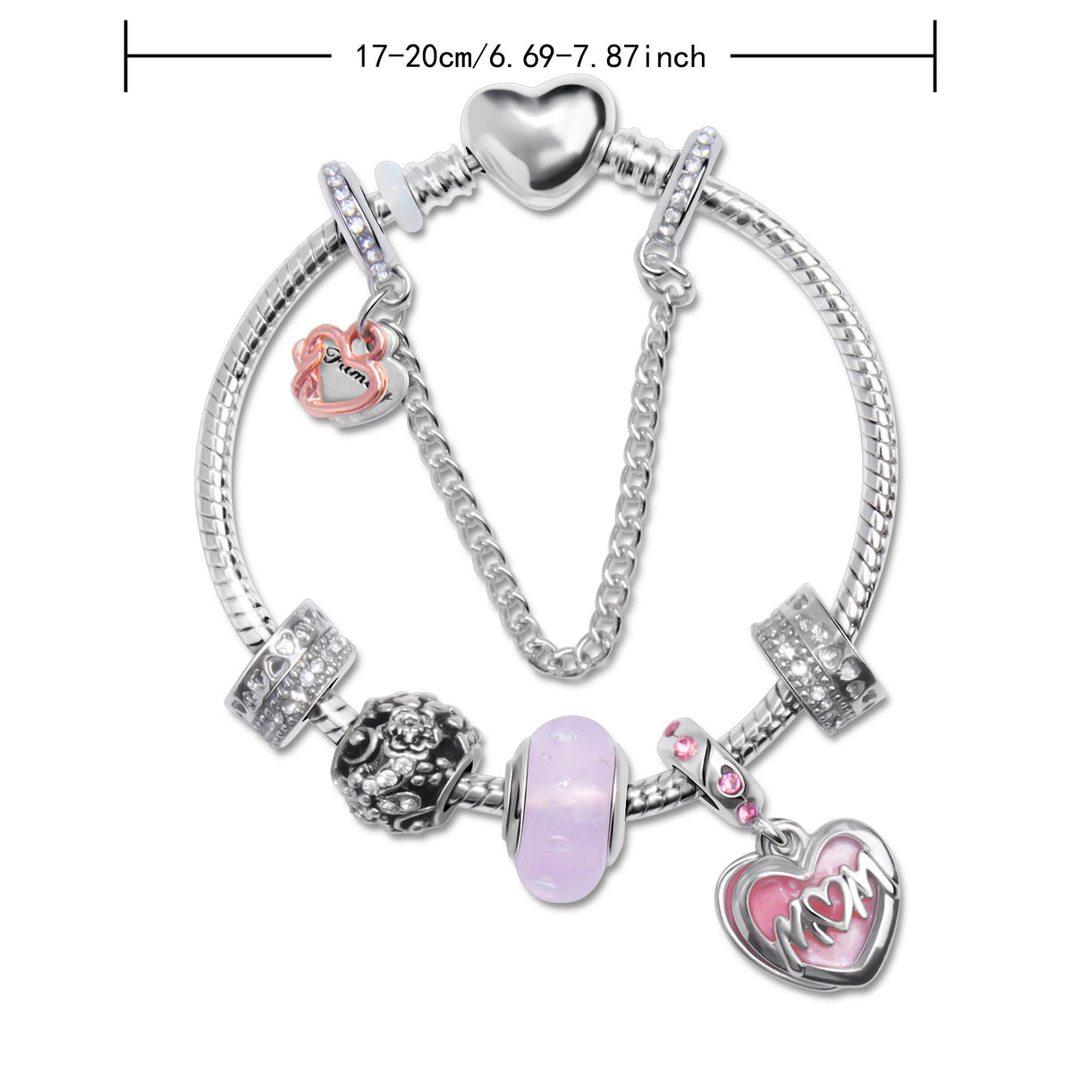 Heart Charm Beaded Bracelet with Crystals(17cm)