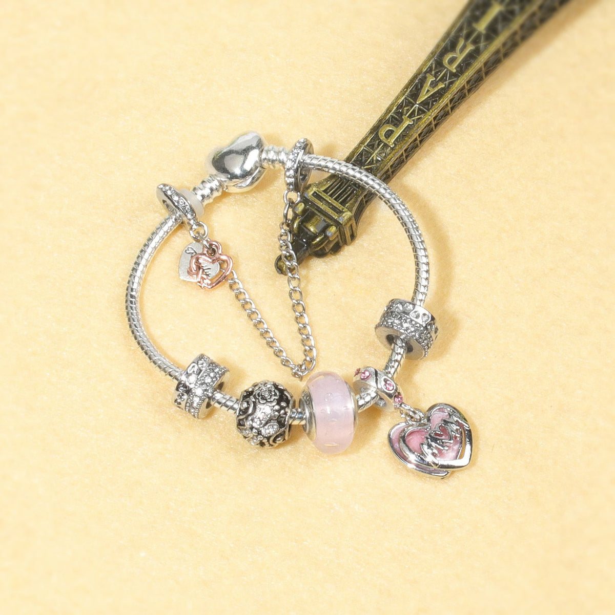 Heart Charm Beaded Bracelet with Crystals(17cm)