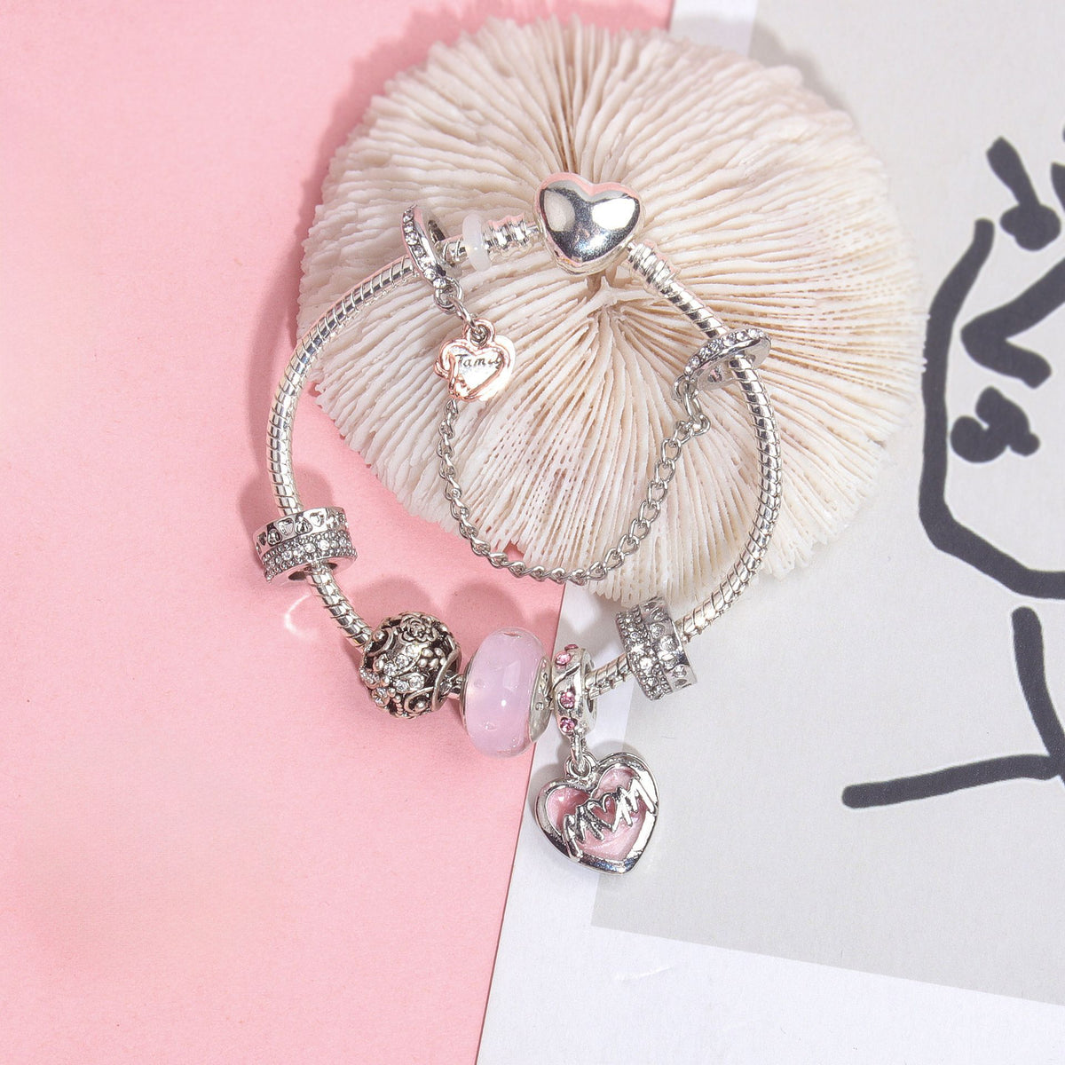 Heart Charm Beaded Bracelet with Crystals(17cm)