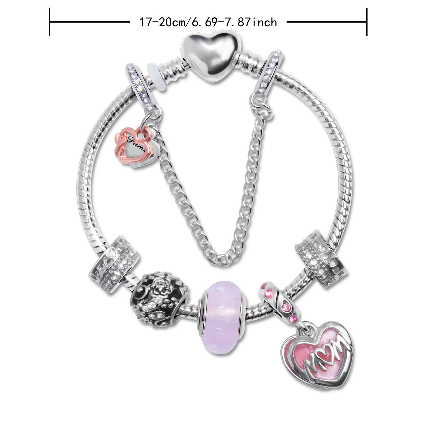 Heart Charm Beaded Bracelet with Crystals(18cm)