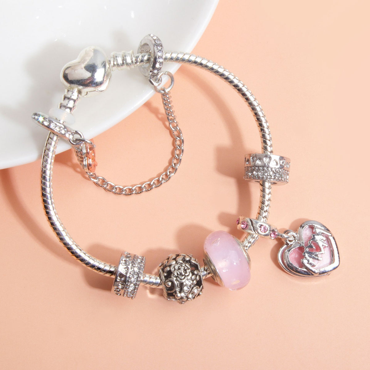 Heart Charm Beaded Bracelet with Crystals(19cm)