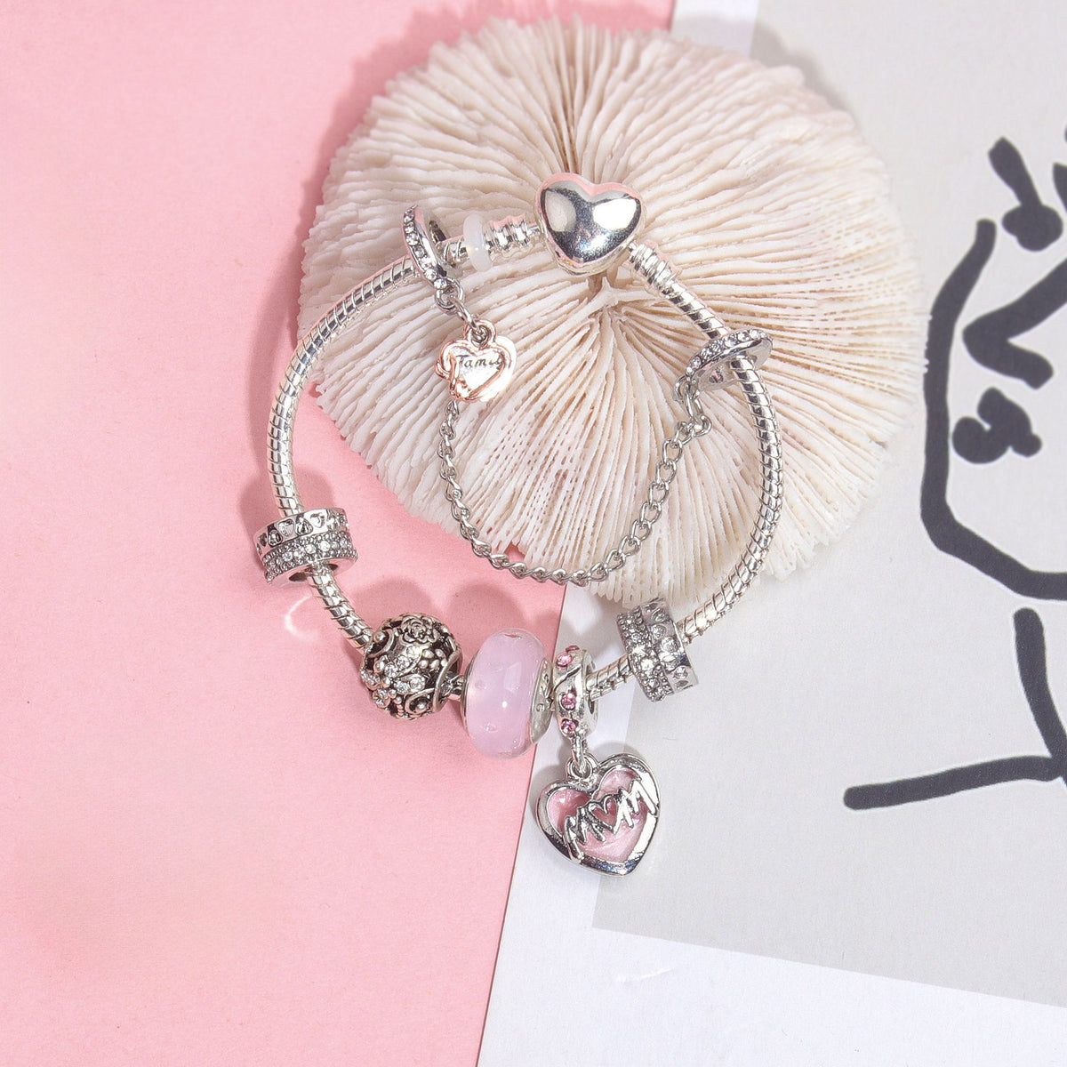 Heart Charm Beaded Bracelet with Crystals(19cm)