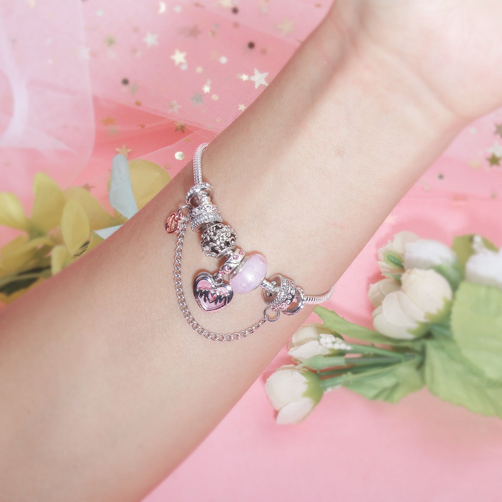Heart Charm Beaded Bracelet with Crystals(19cm)