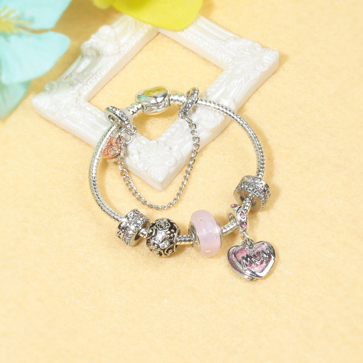 Heart Charm Beaded Bracelet with Crystals(19cm)