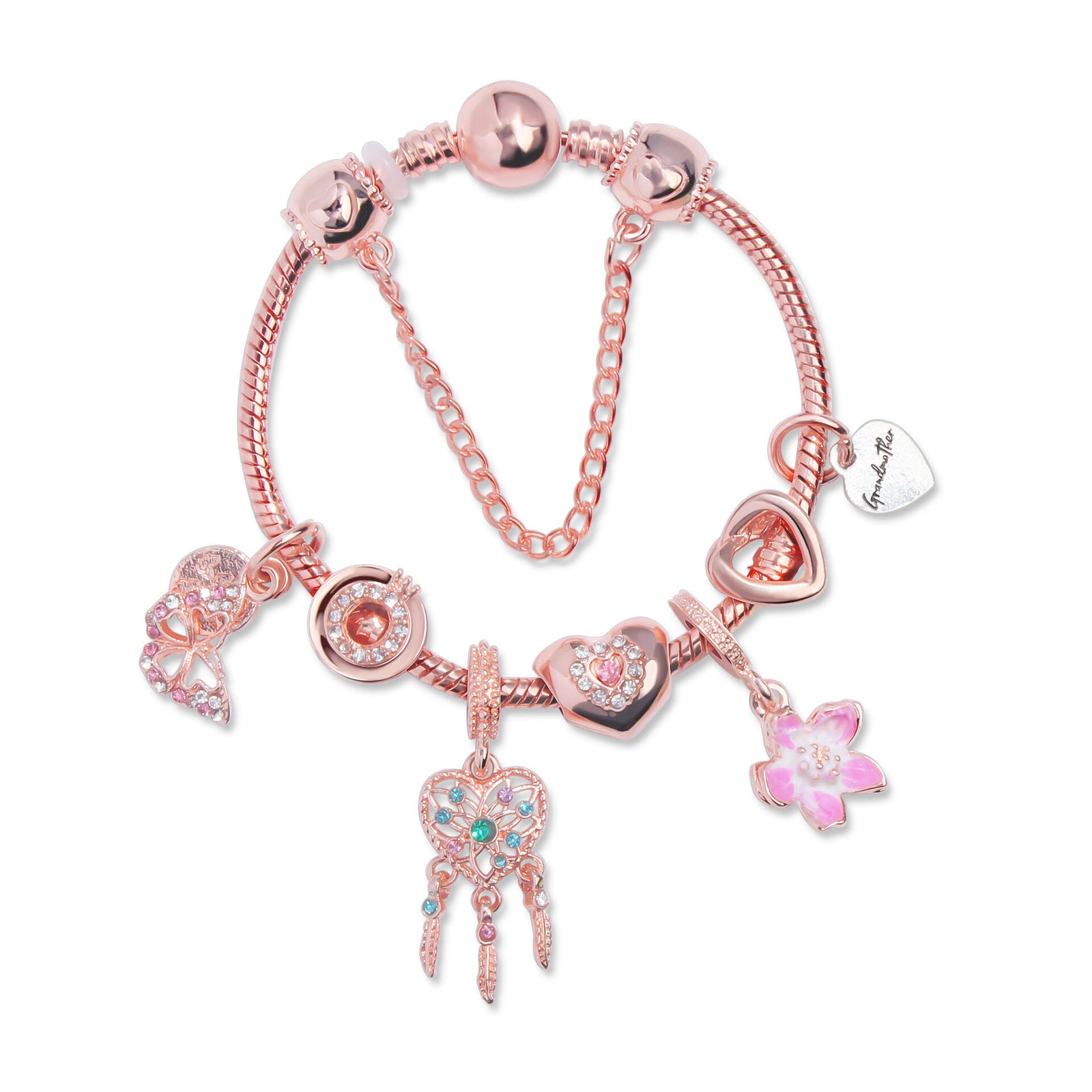Rose Gold Bracelet with Dreamcatcher & Lily Pendant, Crystal Zircon Beads(17cm)