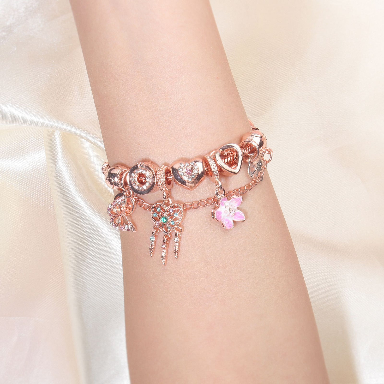 Rose Gold Bracelet with Dreamcatcher & Lily Pendant, Crystal Zircon Beads(18cm)