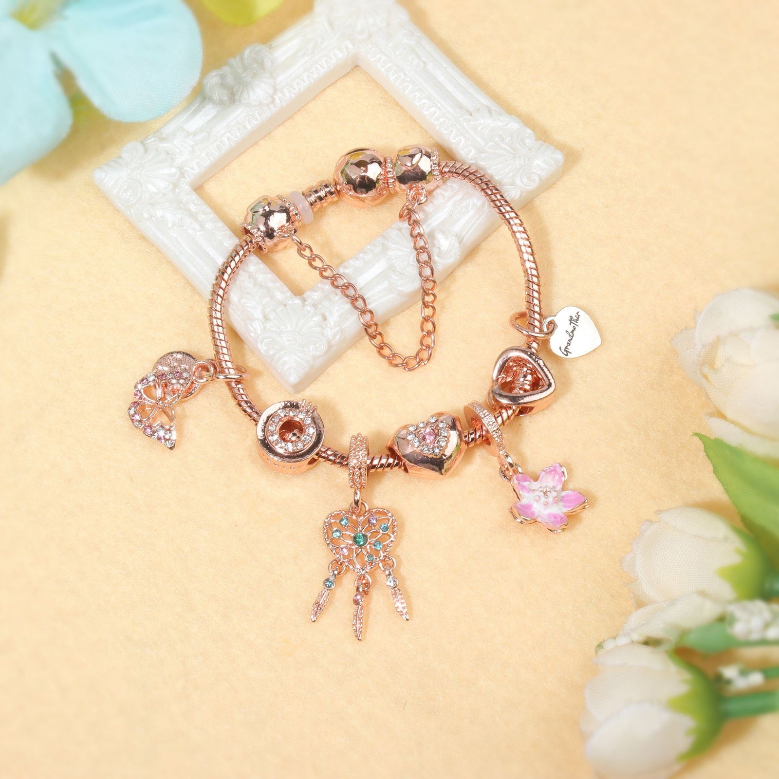 Rose Gold Bracelet with Dreamcatcher & Lily Pendant, Crystal Zircon Beads(18cm)