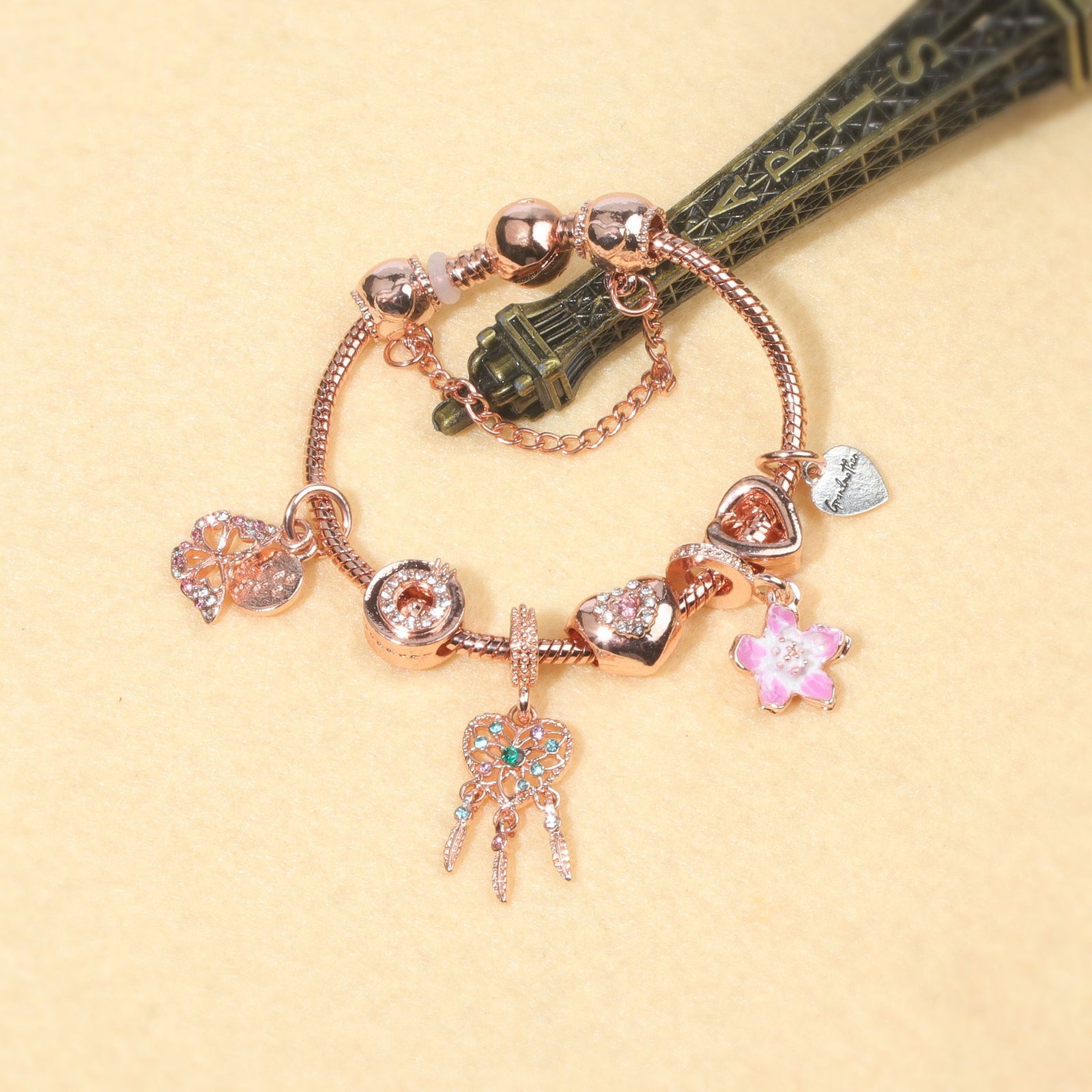 Rose Gold Bracelet with Dreamcatcher & Lily Pendant, Crystal Zircon Beads(18cm)