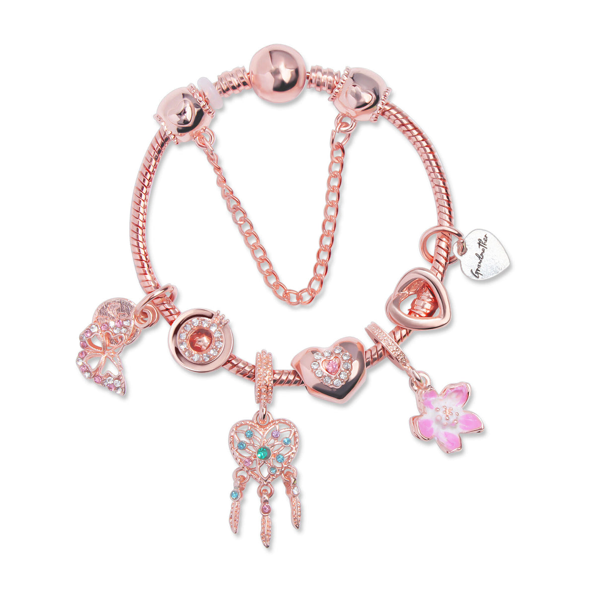 Rose Gold Bracelet with Dreamcatcher &amp; Lily Pendant, Crystal Zircon Beads(19cm)