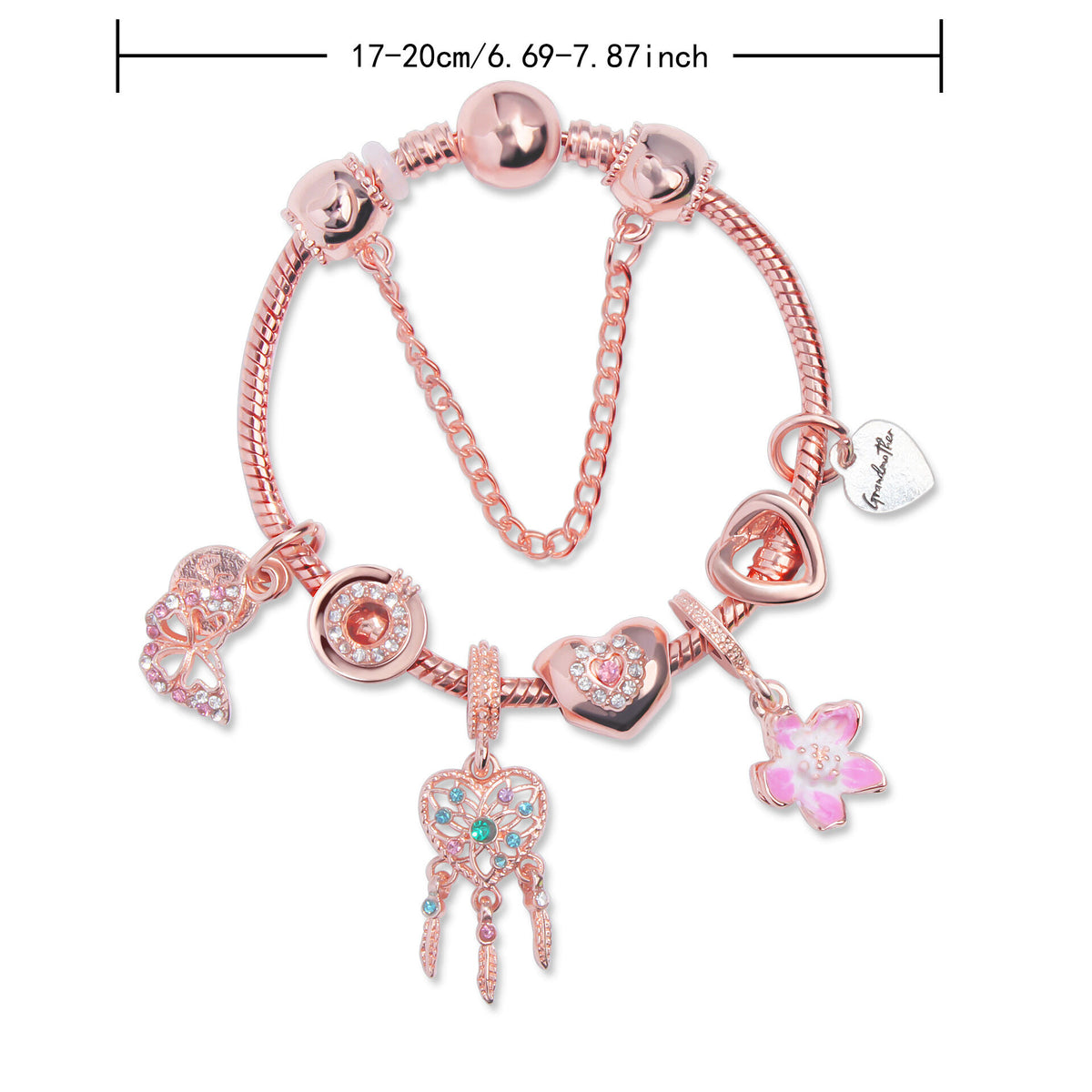 Rose Gold Bracelet with Dreamcatcher & Lily Pendant, Crystal Zircon Beads(19cm)