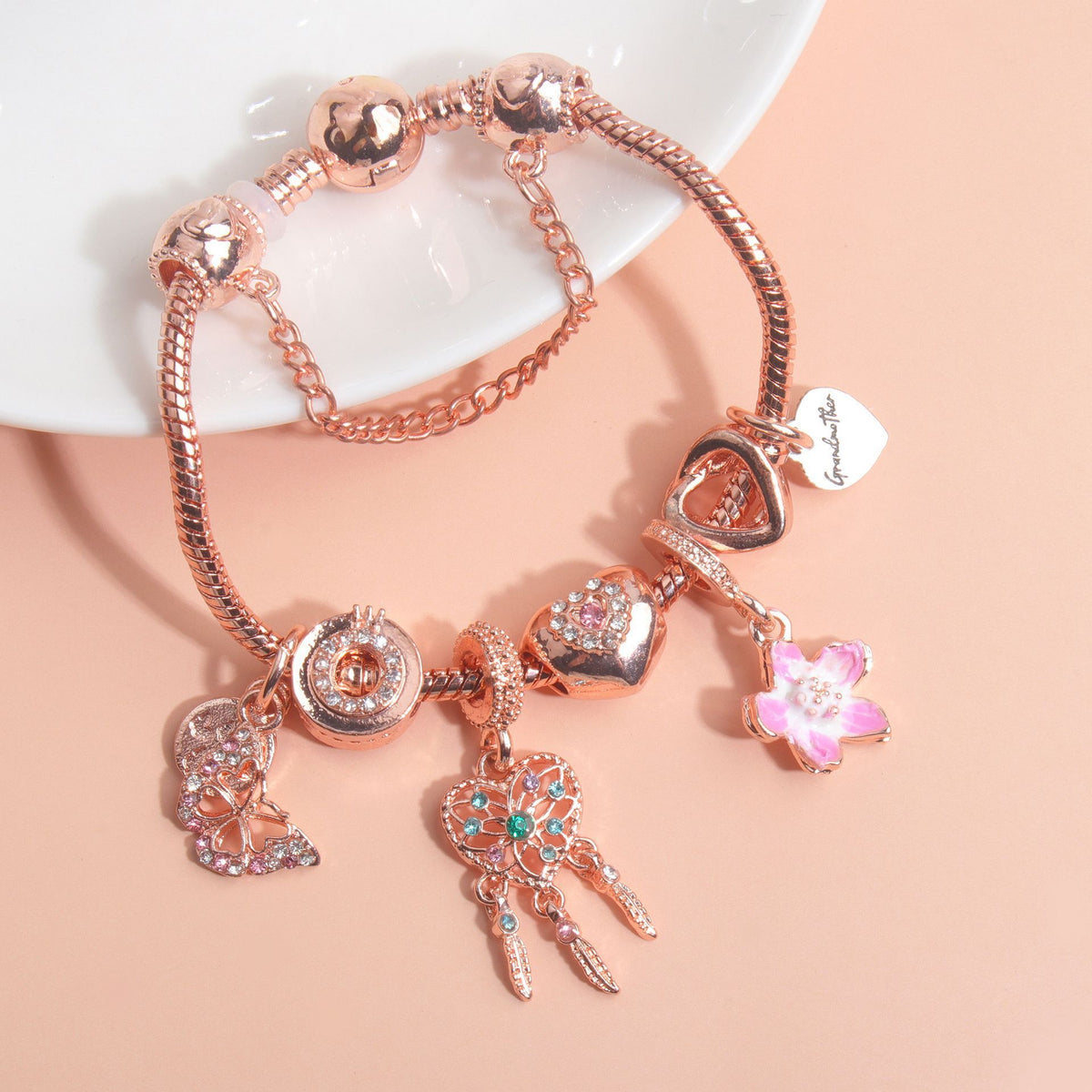Rose Gold Bracelet with Dreamcatcher & Lily Pendant, Crystal Zircon Beads(19cm)