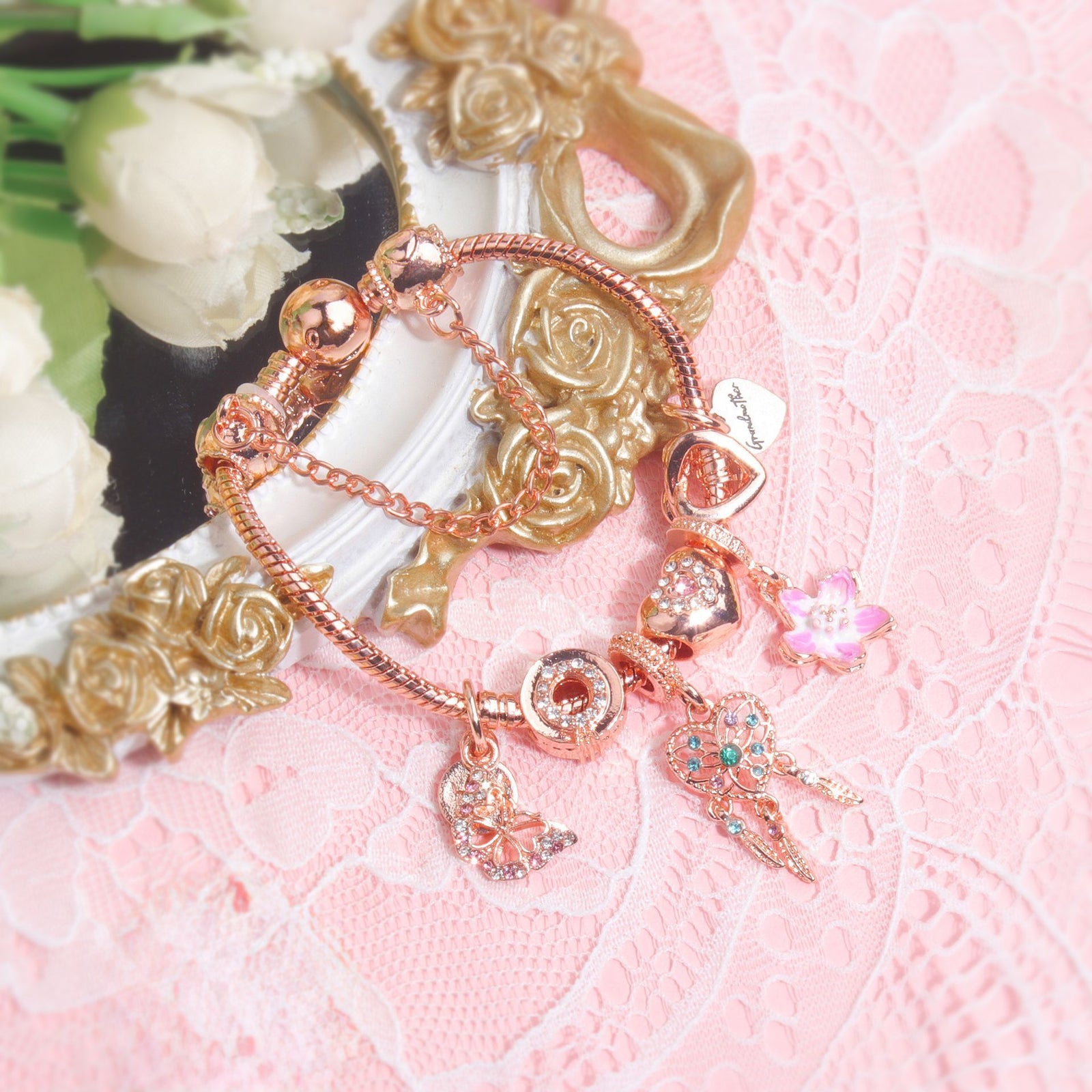 Rose Gold Bracelet with Dreamcatcher & Lily Pendant, Crystal Zircon Beads(19cm)