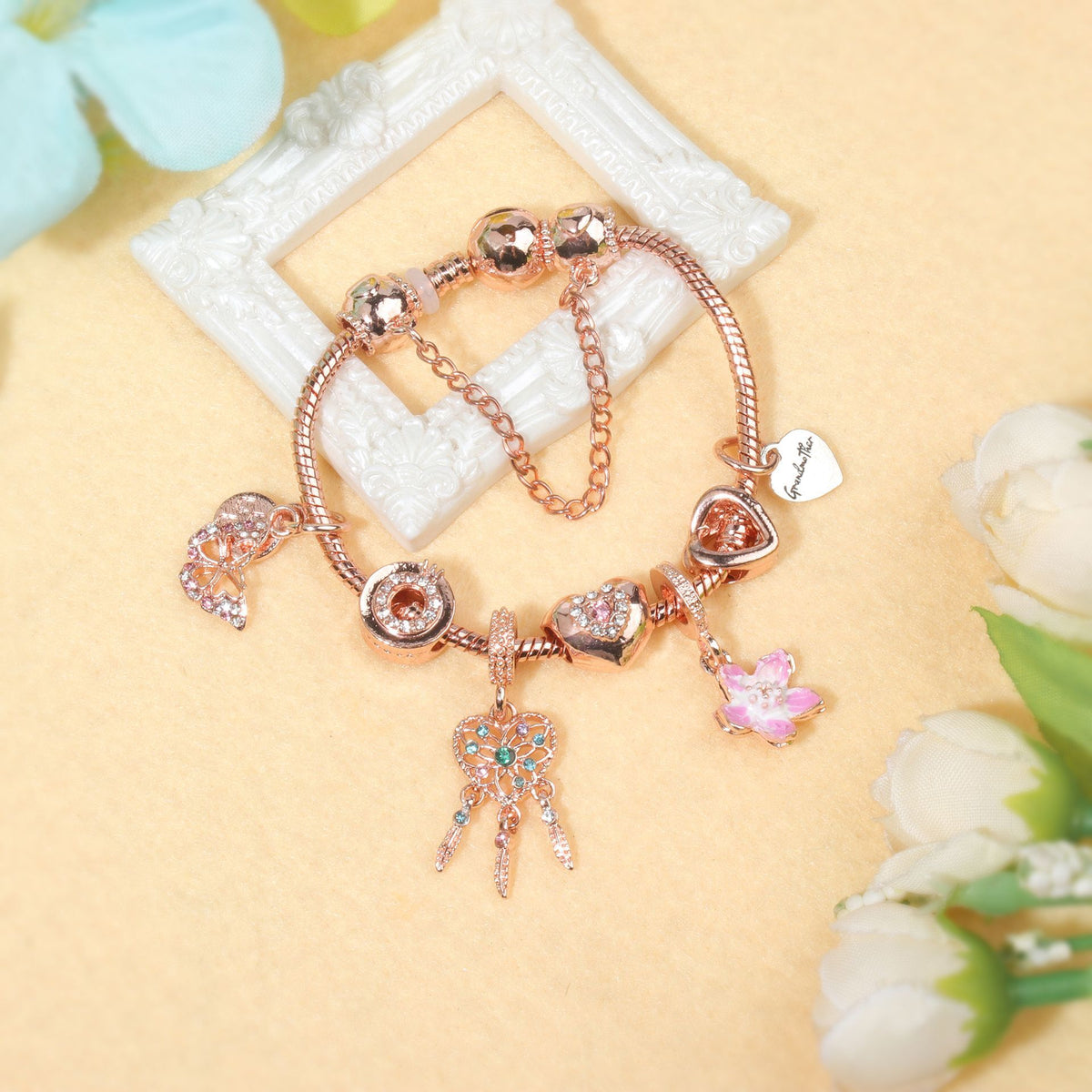 Rose Gold Bracelet with Dreamcatcher & Lily Pendant, Crystal Zircon Beads(19cm)