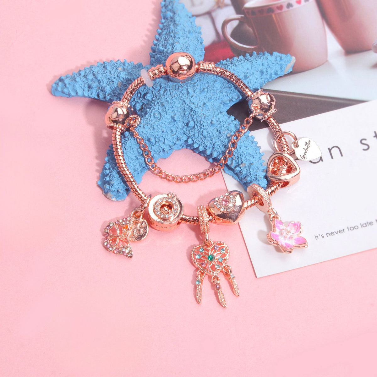 Rose Gold Bracelet with Dreamcatcher & Lily Pendant, Crystal Zircon Beads(20cm)