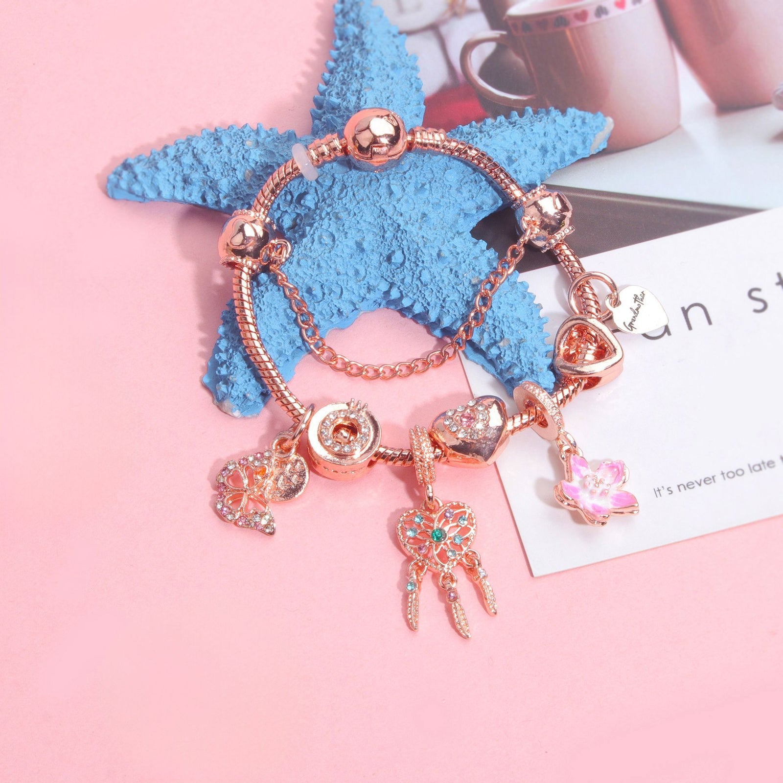 Rose Gold Bracelet with Dreamcatcher & Lily Pendant, Crystal Zircon Beads(20cm)