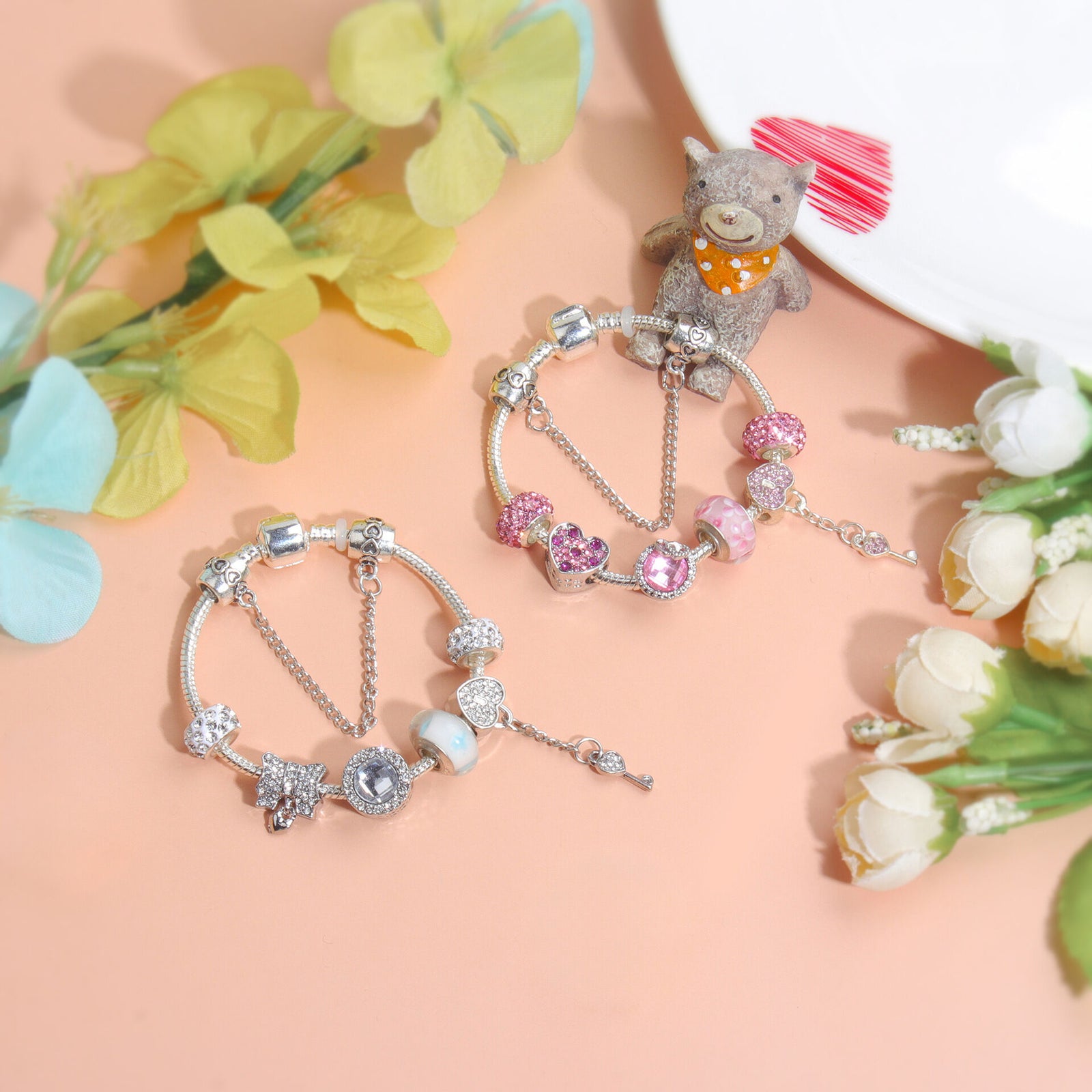Classic Rhinestone-Inlaid Glass Bead Dreamcatcher Bracelet(pink-19cm)