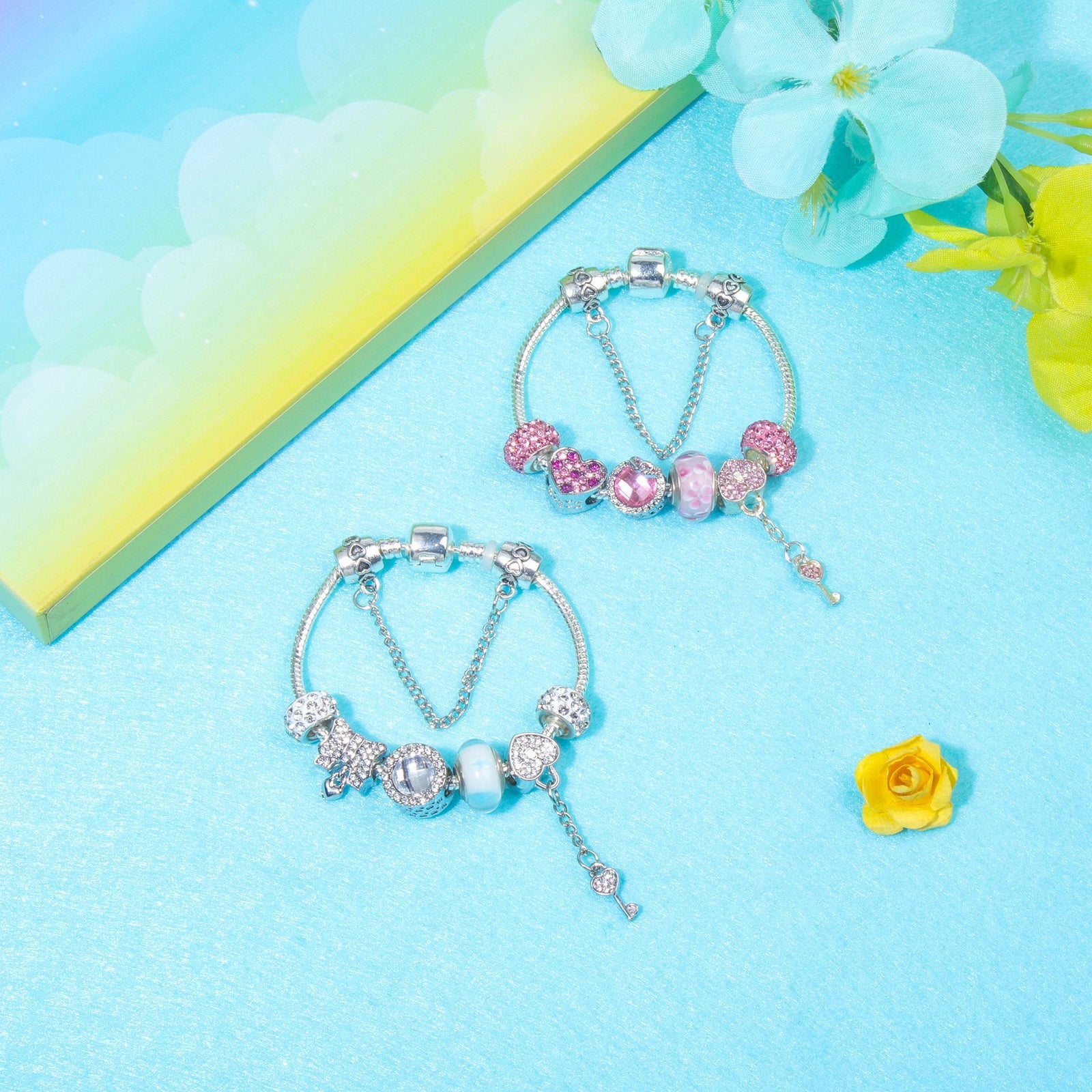 Classic Rhinestone-Inlaid Glass Bead Dreamcatcher Bracelet(pink-19cm)