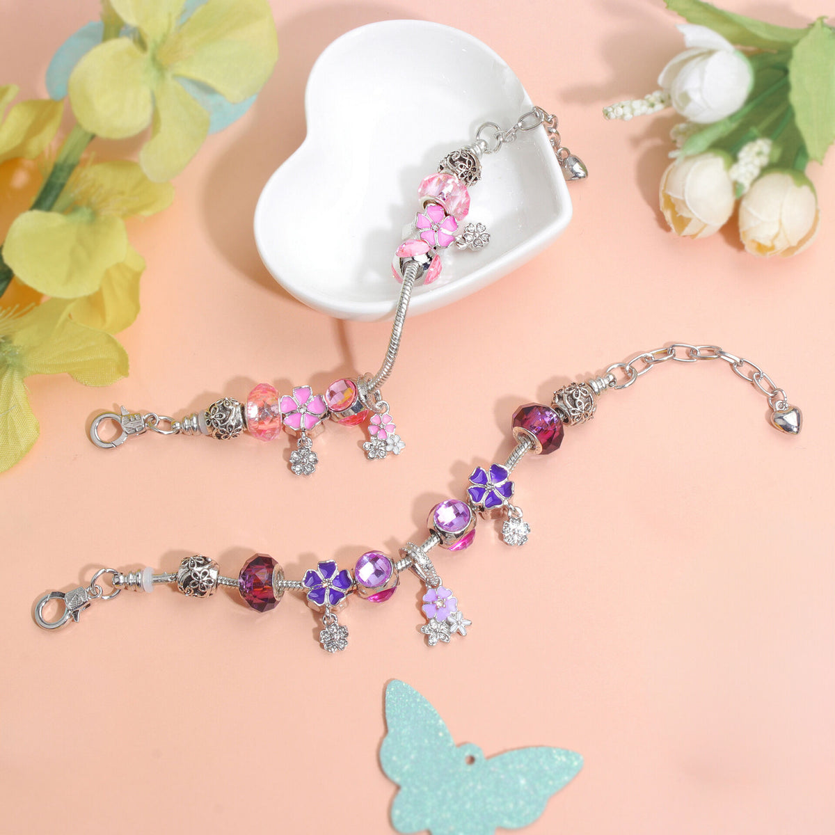 Romantic Floral Big Glass Bead Petal Pendant DIY Bracelet(pink-17cm)