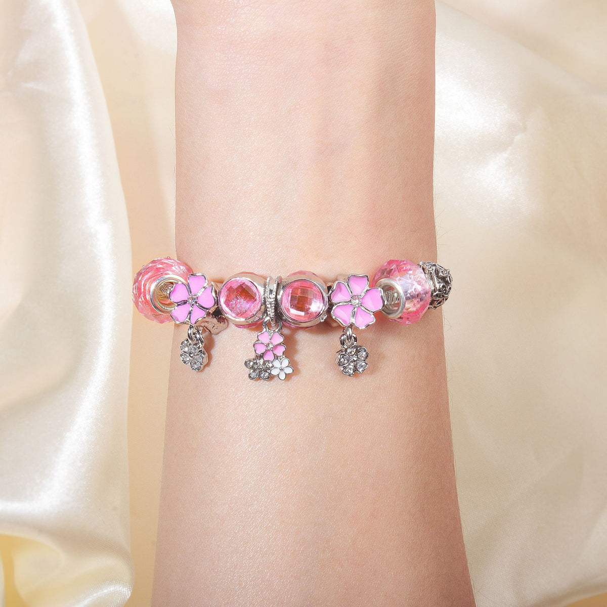 Romantic Floral Big Glass Bead Petal Pendant DIY Bracelet(pink-17cm)