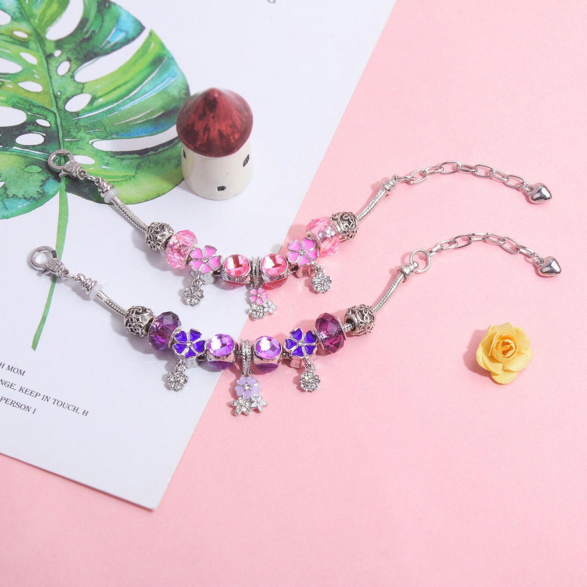 Romantic Floral Big Glass Bead Petal Pendant DIY Bracelet(pink-18cm)