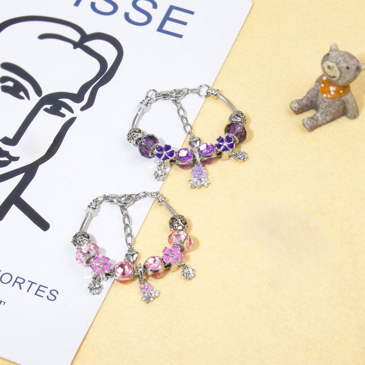 Romantic Floral Big Glass Bead Petal Pendant DIY Bracelet(pink-21cm)