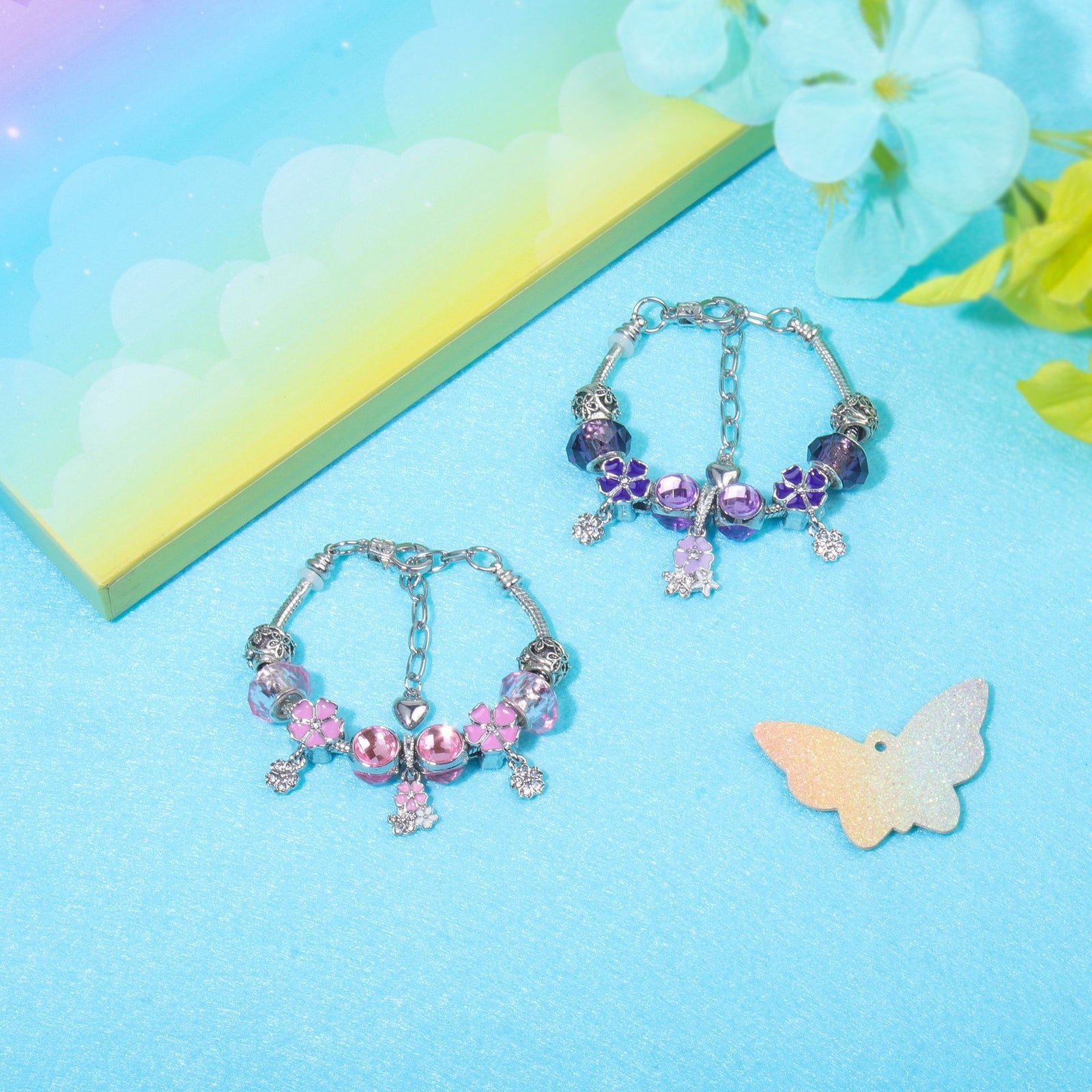 Romantic Floral Big Glass Bead Petal Pendant DIY Bracelet(purple-16cm)