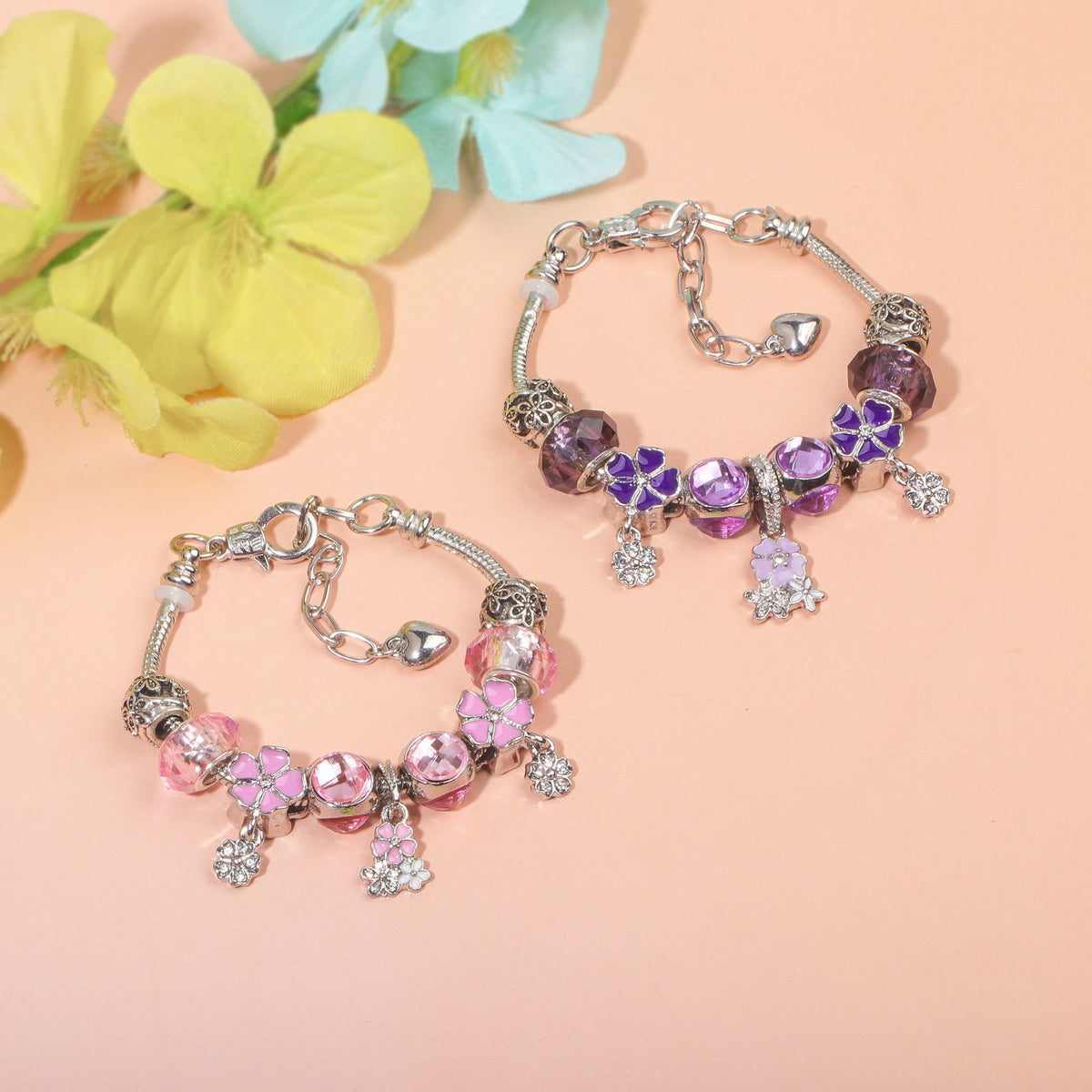 Romantic Floral Big Glass Bead Petal Pendant DIY Bracelet(purple-18cm)