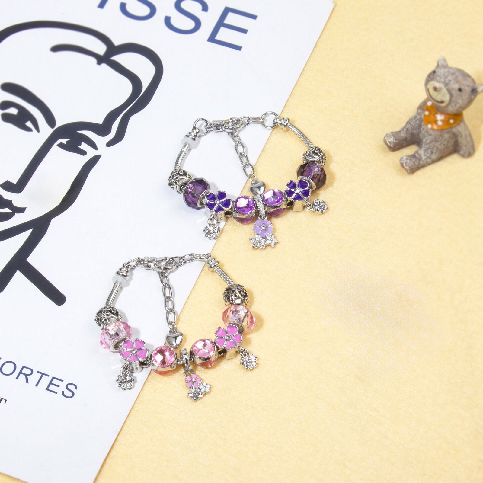 Romantic Floral Big Glass Bead Petal Pendant DIY Bracelet(purple-18cm)