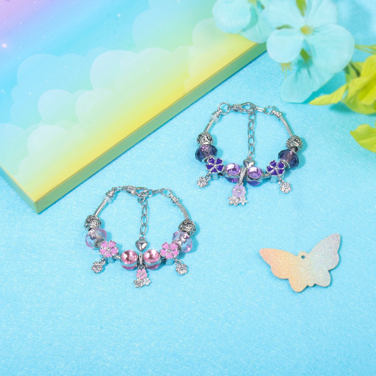 Romantic Floral Big Glass Bead Petal Pendant DIY Bracelet(purple-19cm)