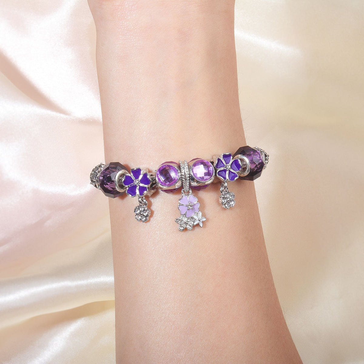Romantic Floral Big Glass Bead Petal Pendant DIY Bracelet(purple-20cm)