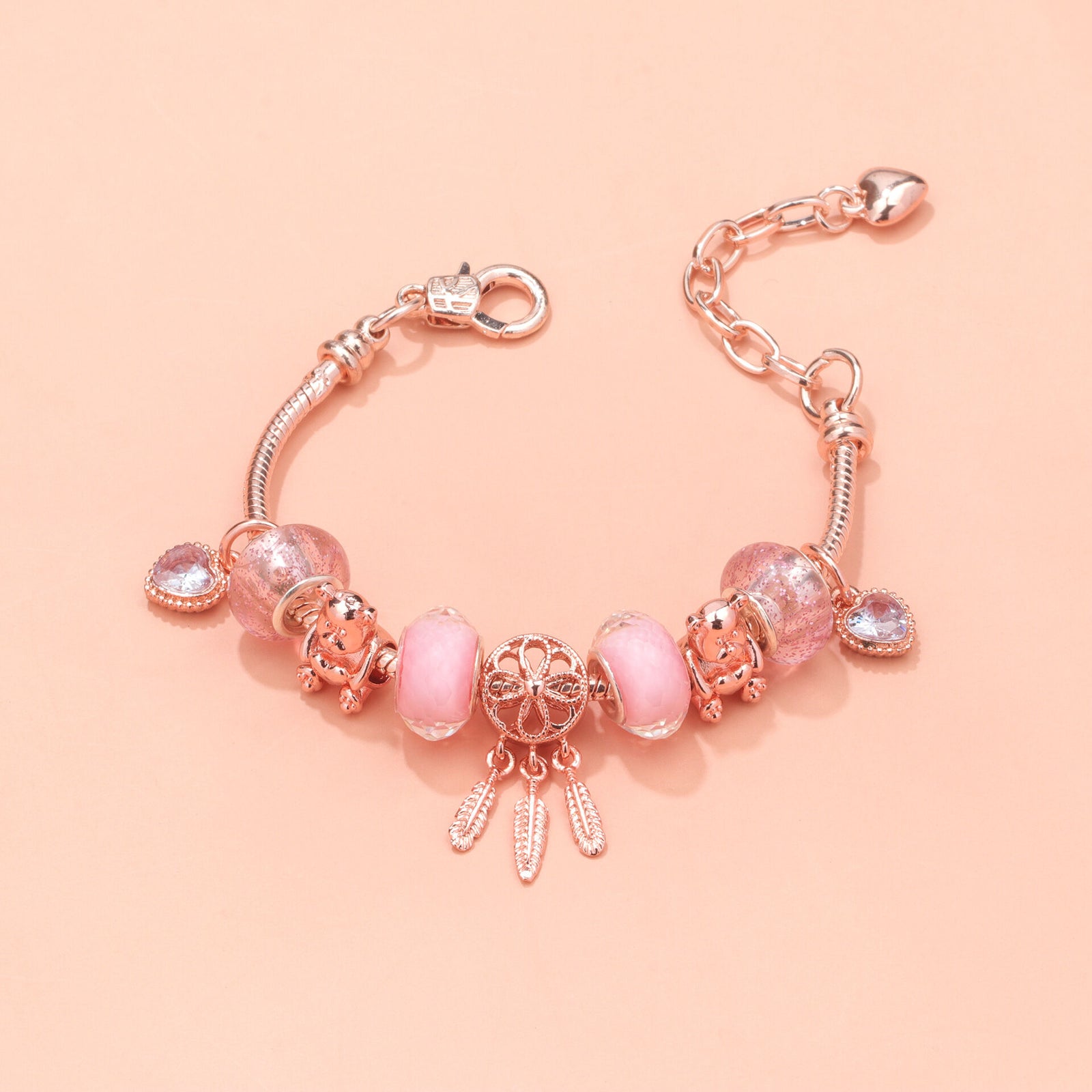 Rose Gold Charm Bracelet with Dreamcatcher & Bear Beads, Colorful Glass Beads Bracelet(16cm)