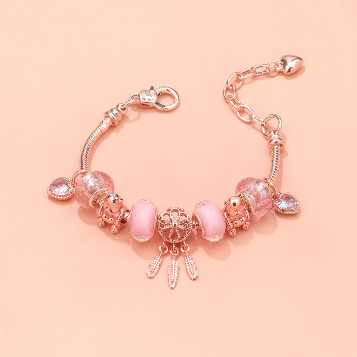 Rose Gold Charm Bracelet with Dreamcatcher &amp; Bear Beads, Colorful Glass Beads Bracelet(20cm)