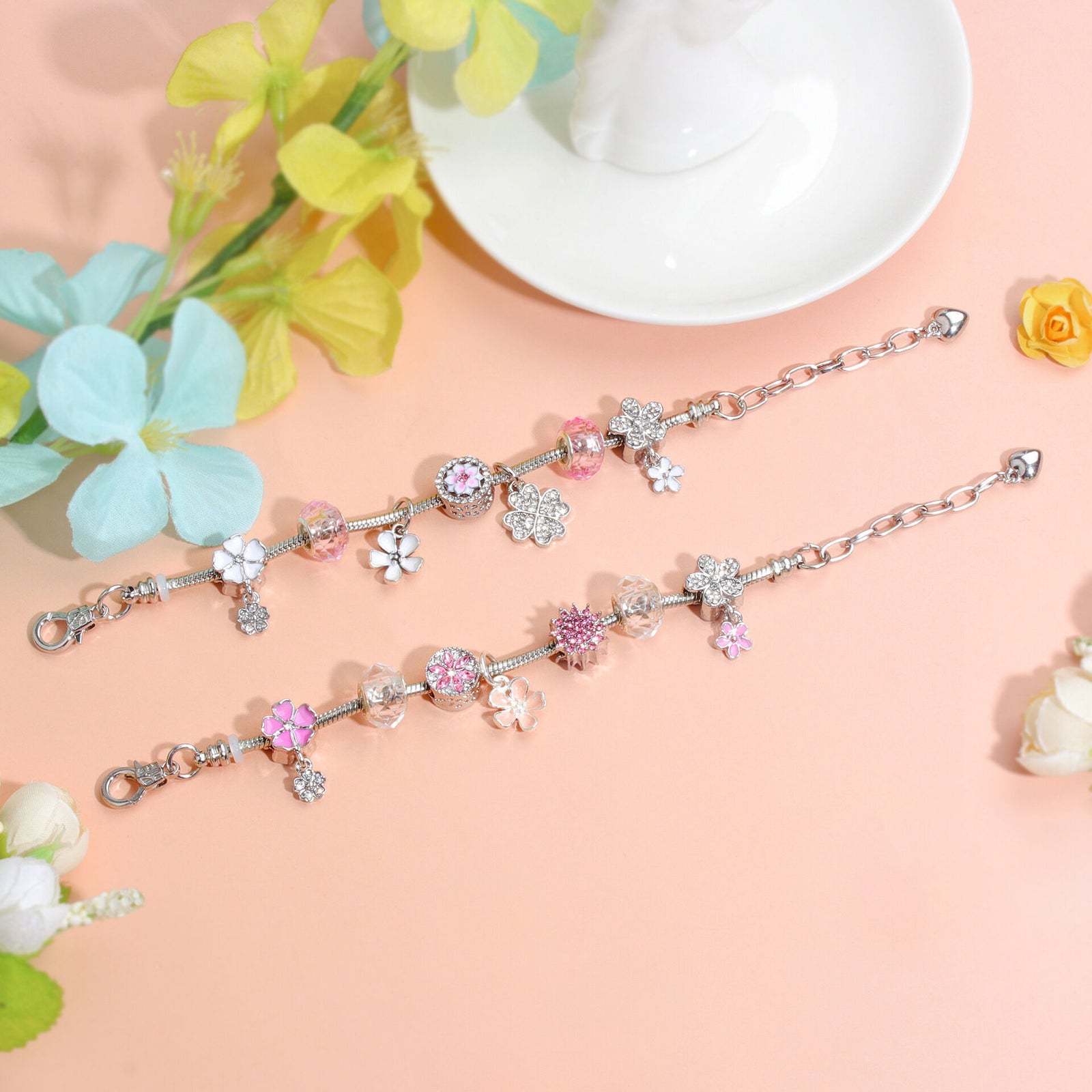Chic Camellia Bead Charm DIY Bracelet with Crystal(pink flower-17cm)