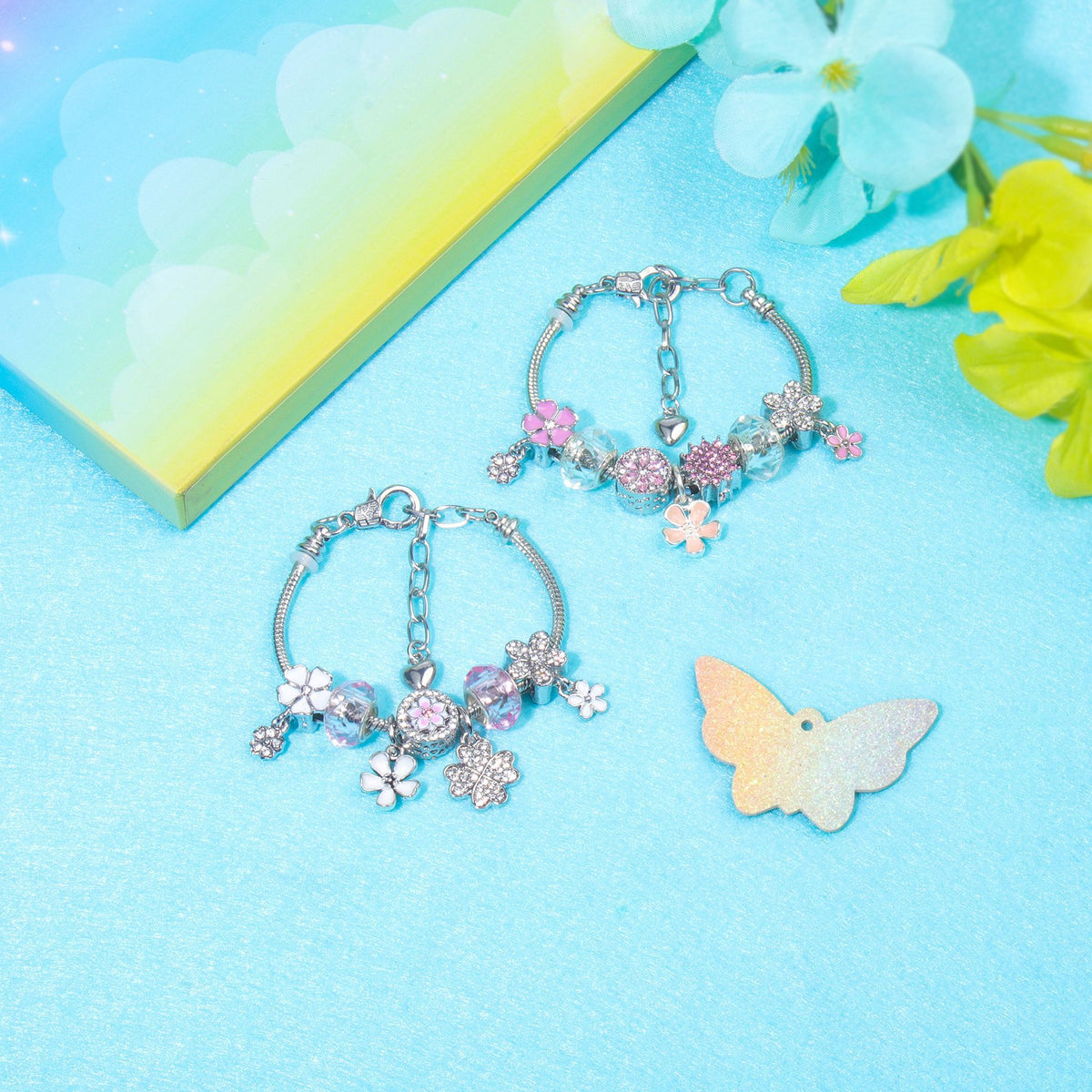 Chic Camellia Bead Charm DIY Bracelet with Crystal(pink flower-18cm)