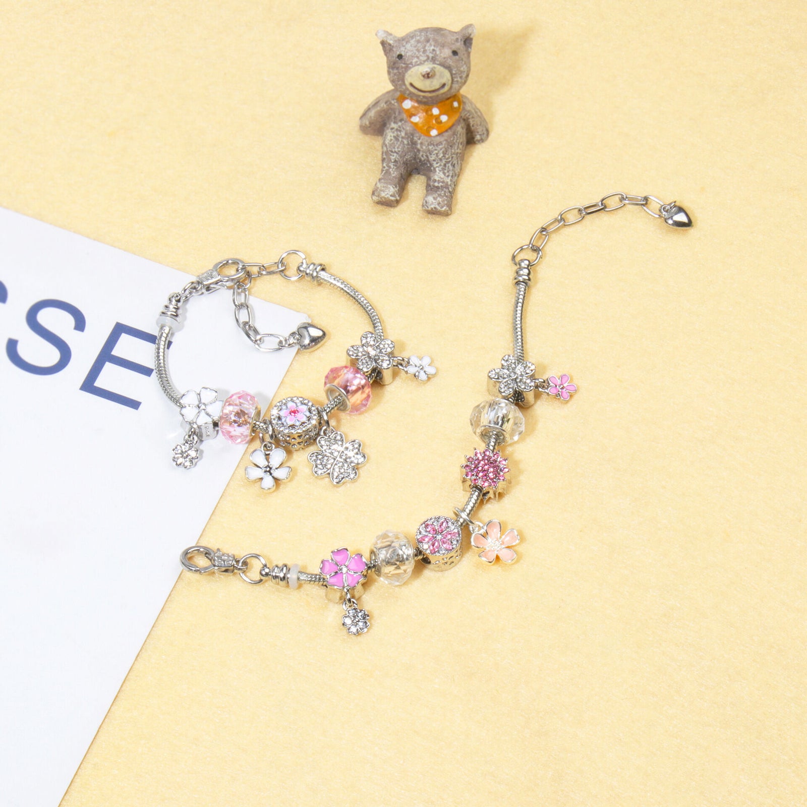 Chic Camellia Bead Charm DIY Bracelet with Crystal(pink flower-19cm)