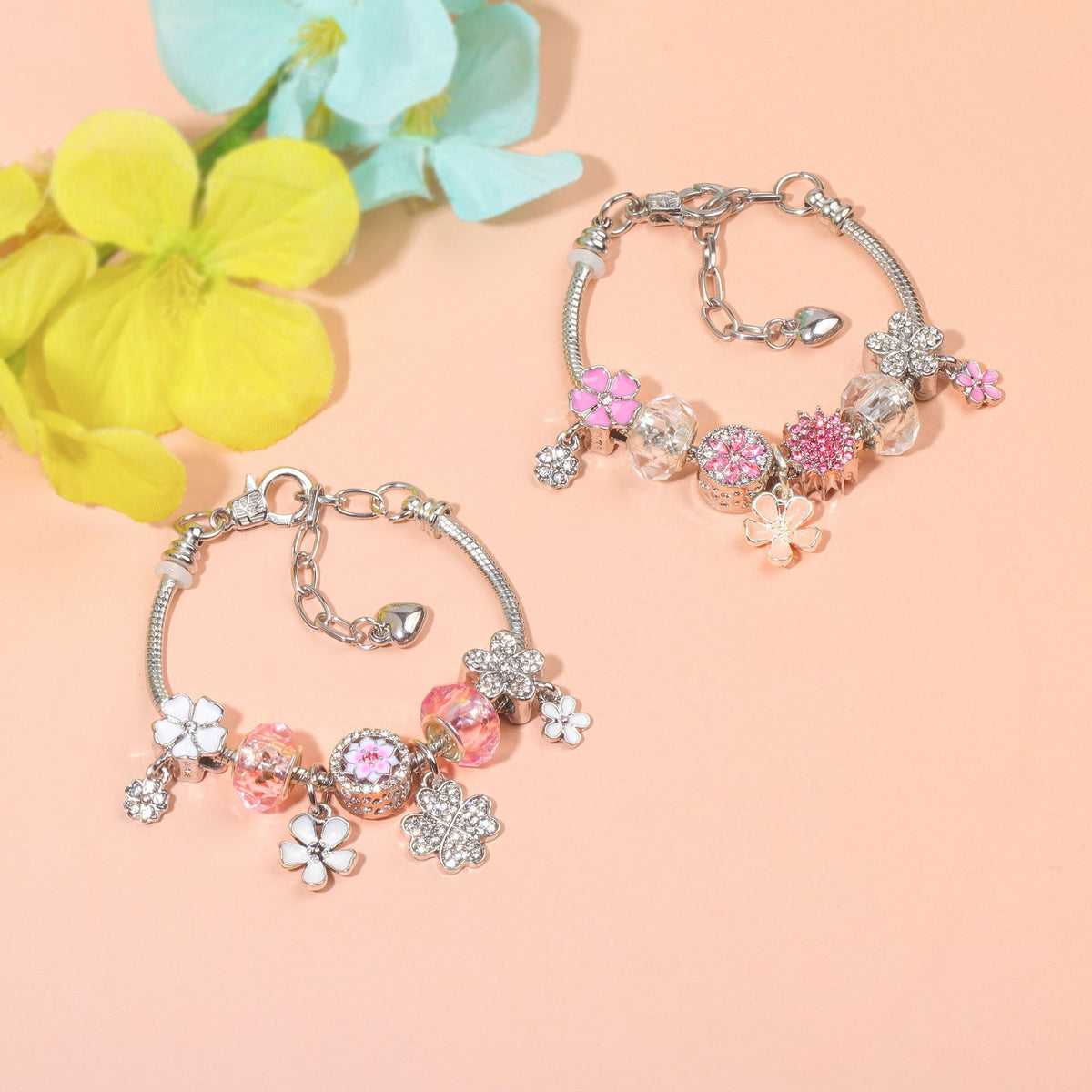 Chic Camellia Bead Charm DIY Bracelet with Crystal(pink flower-19cm)