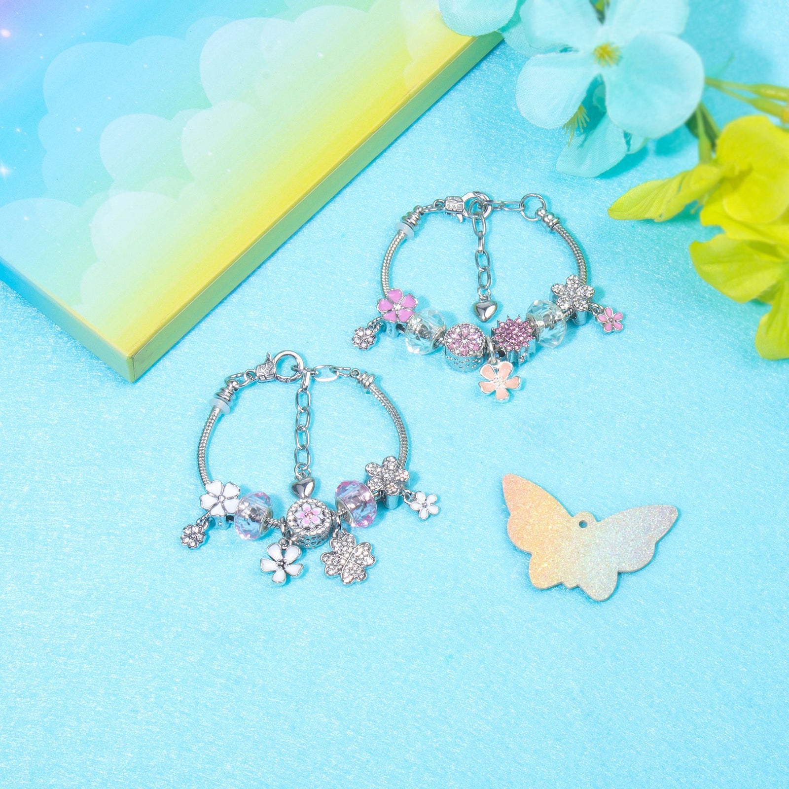 Chic Camellia Bead Charm DIY Bracelet with Crystal(pink flower-19cm)