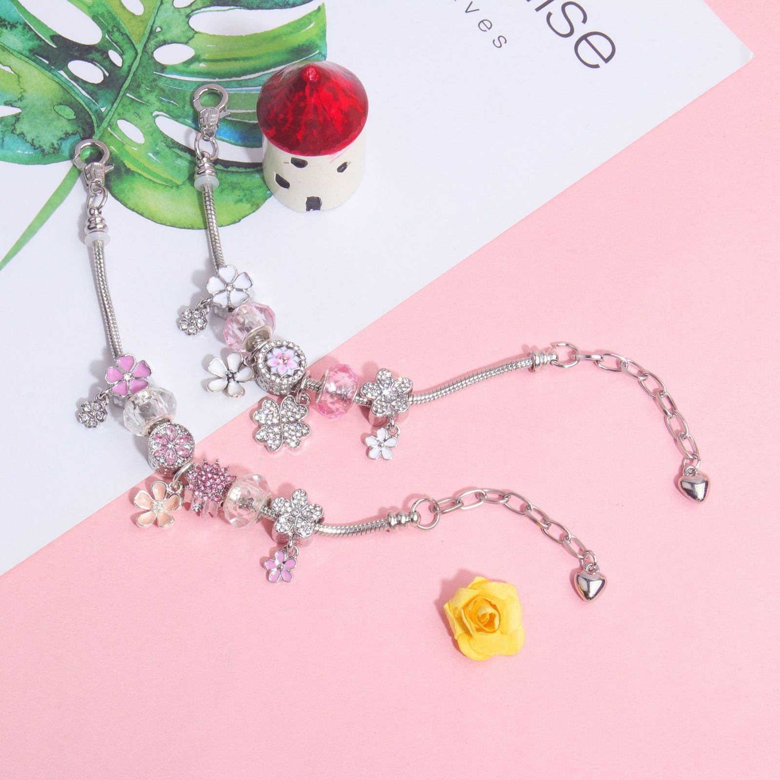 Chic Camellia Bead Charm DIY Bracelet with Crystal(pink flower-20cm)