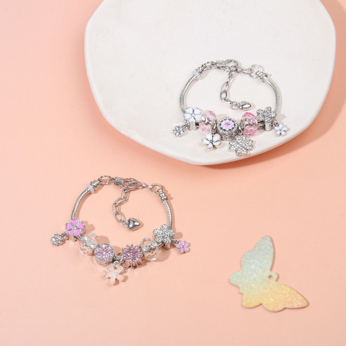 Chic Camellia Bead Charm DIY Bracelet with Crystal(pink flower-21cm)