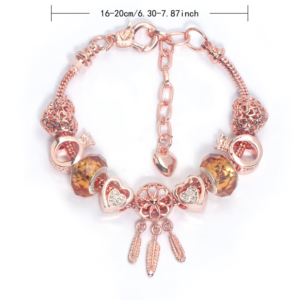 Rose Gold Plated Charm Bracelet with Zircon, Hollow Heart, Flower, Crown & Glass Beads(16cm)