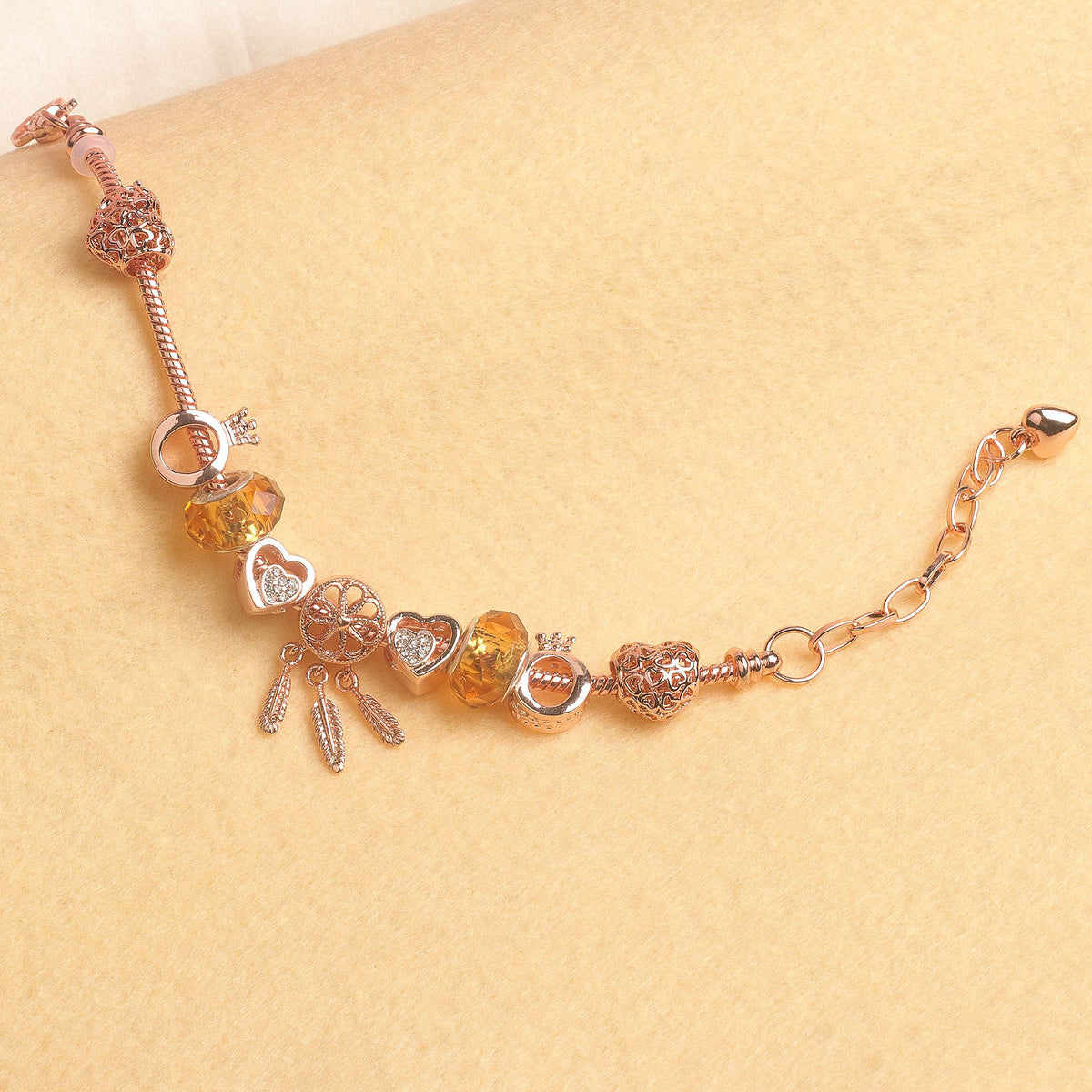 Rose Gold Plated Charm Bracelet with Zircon, Hollow Heart, Flower, Crown & Glass Beads(16cm)