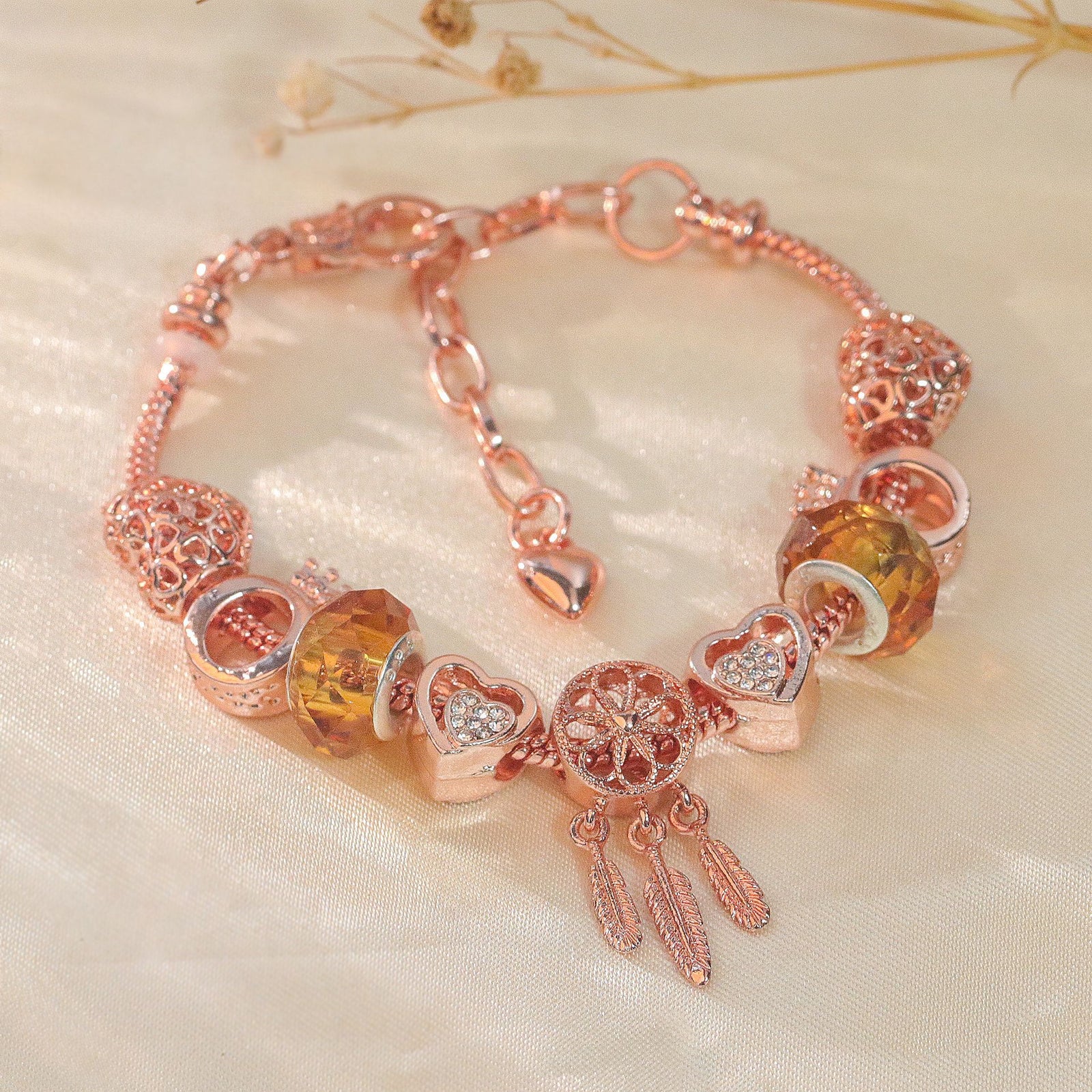 Rose Gold Plated Charm Bracelet with Zircon, Hollow Heart, Flower, Crown & Glass Beads(16cm)
