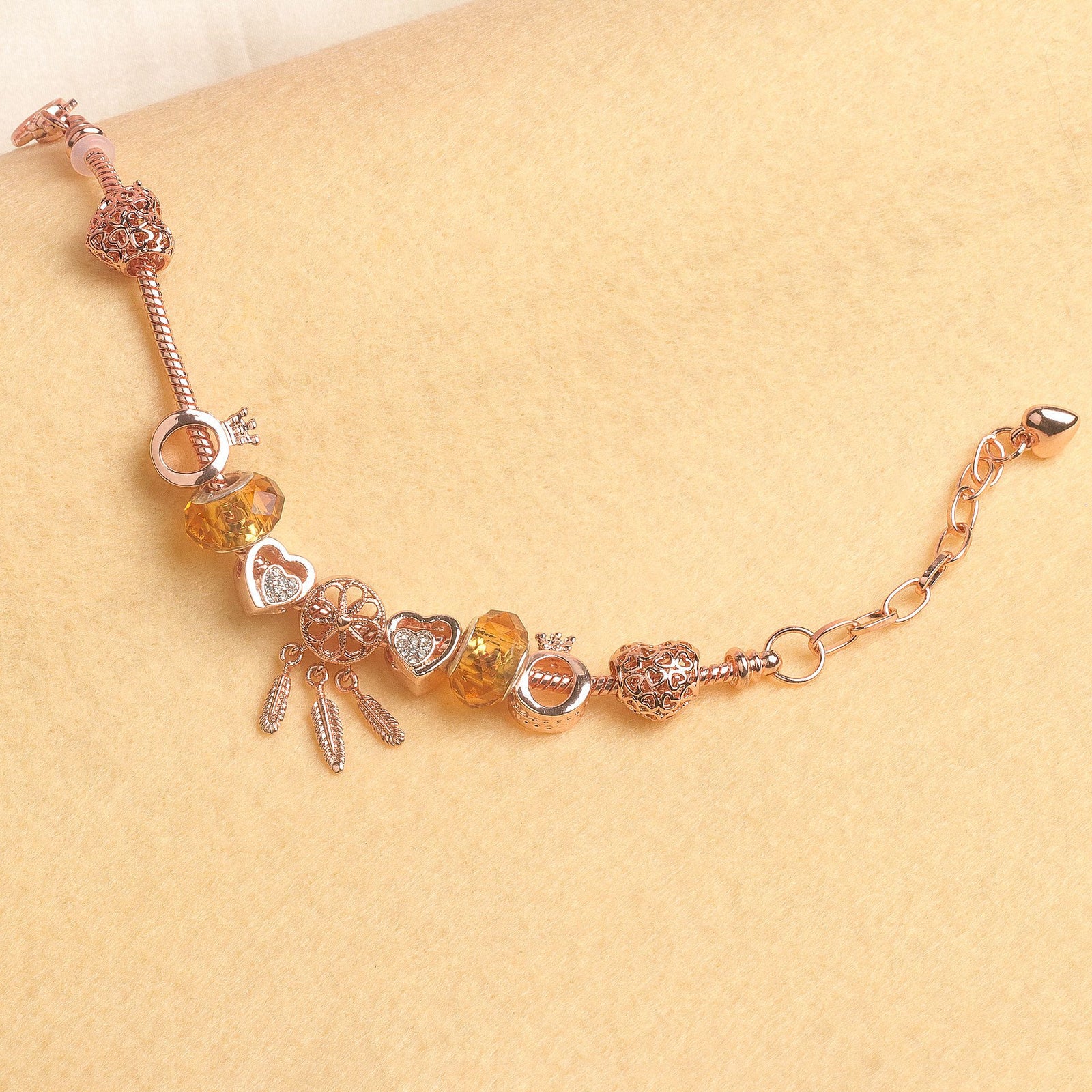 Rose Gold Plated Charm Bracelet with Zircon, Hollow Heart, Flower, Crown & Glass Beads(18cm)