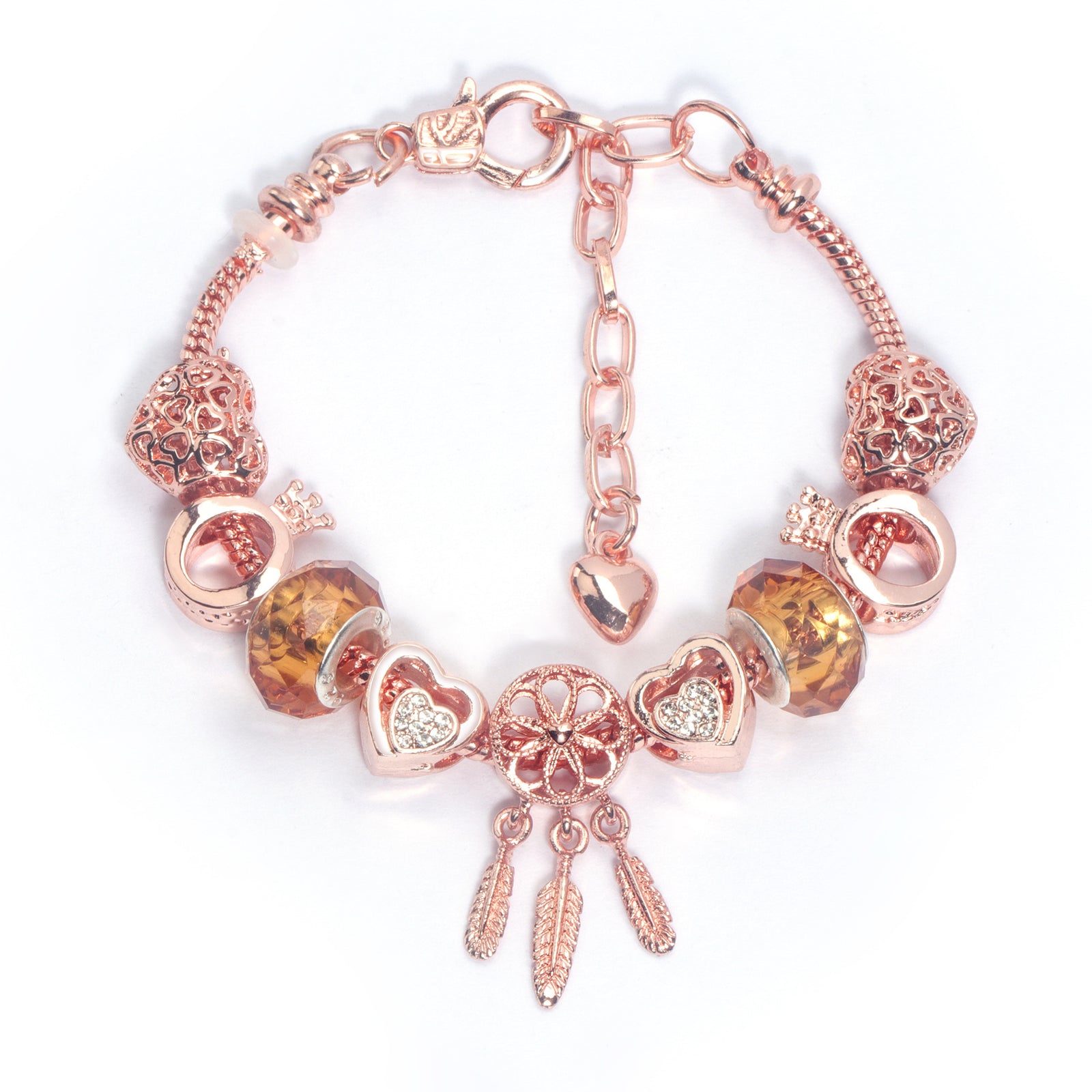 Rose Gold Plated Charm Bracelet with Zircon, Hollow Heart, Flower, Crown & Glass Beads(19cm)