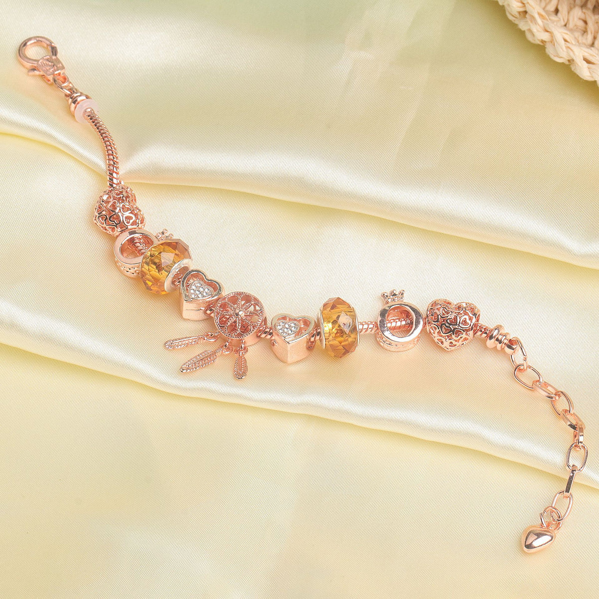Rose Gold Plated Charm Bracelet with Zircon, Hollow Heart, Flower, Crown & Glass Beads(20cm)