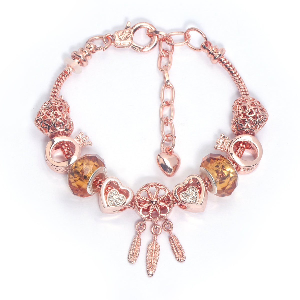 Rose Gold Plated Charm Bracelet with Zircon, Hollow Heart, Flower, Crown &amp; Glass Beads(21cm)