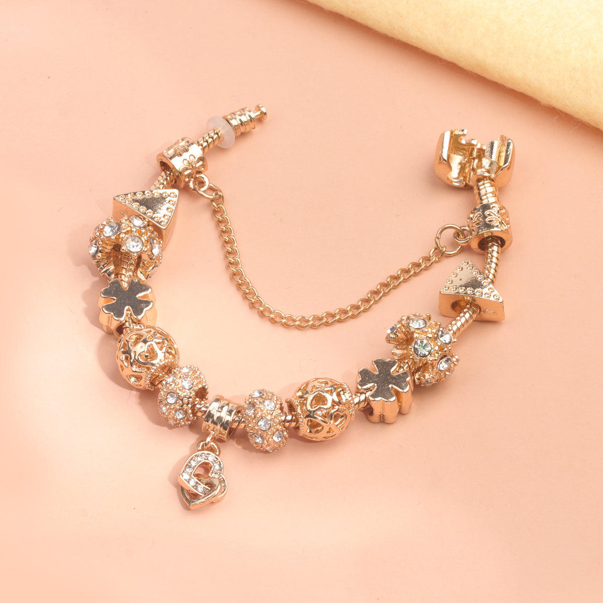 Rose Gold Crystal Charm Bracelet with Clover, Heart, Triangle Beads & Heart Pendant(18cm)