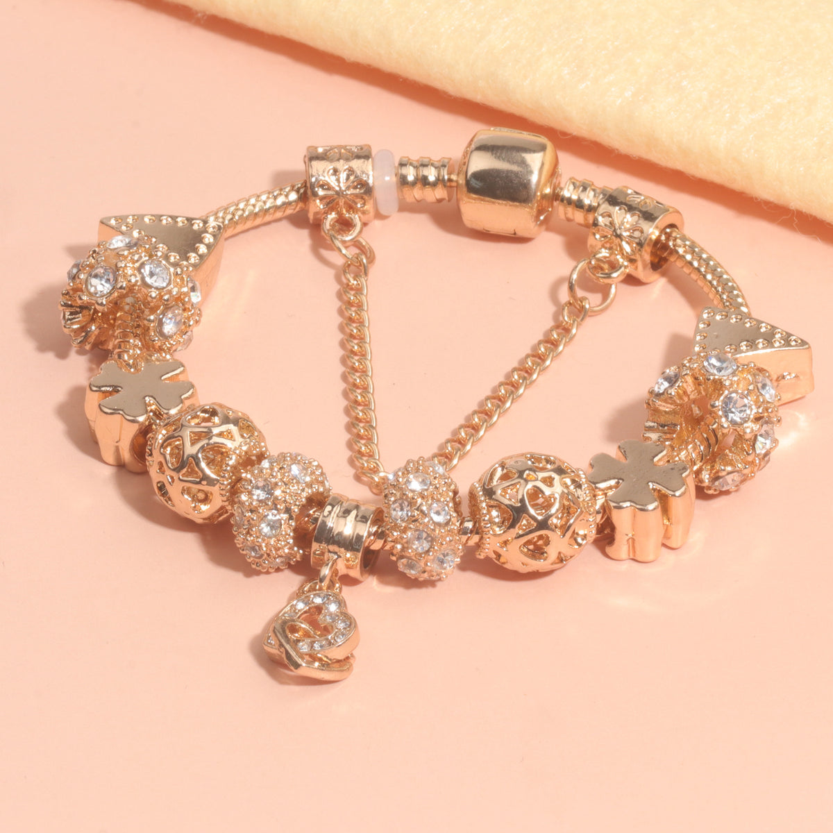 Rose Gold Crystal Charm Bracelet with Clover, Heart, Triangle Beads & Heart Pendant(19cm)