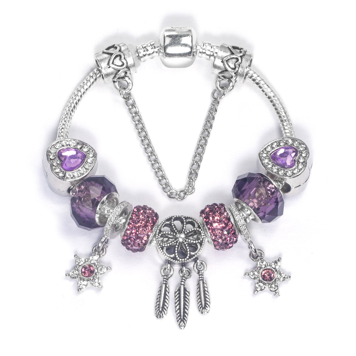 Purple Crystal Beaded Charm Bracelet with Star &amp; Dreamcatcher Pendant, Rhinestone-Embedded DIY Alloy Bracelet(18cm)