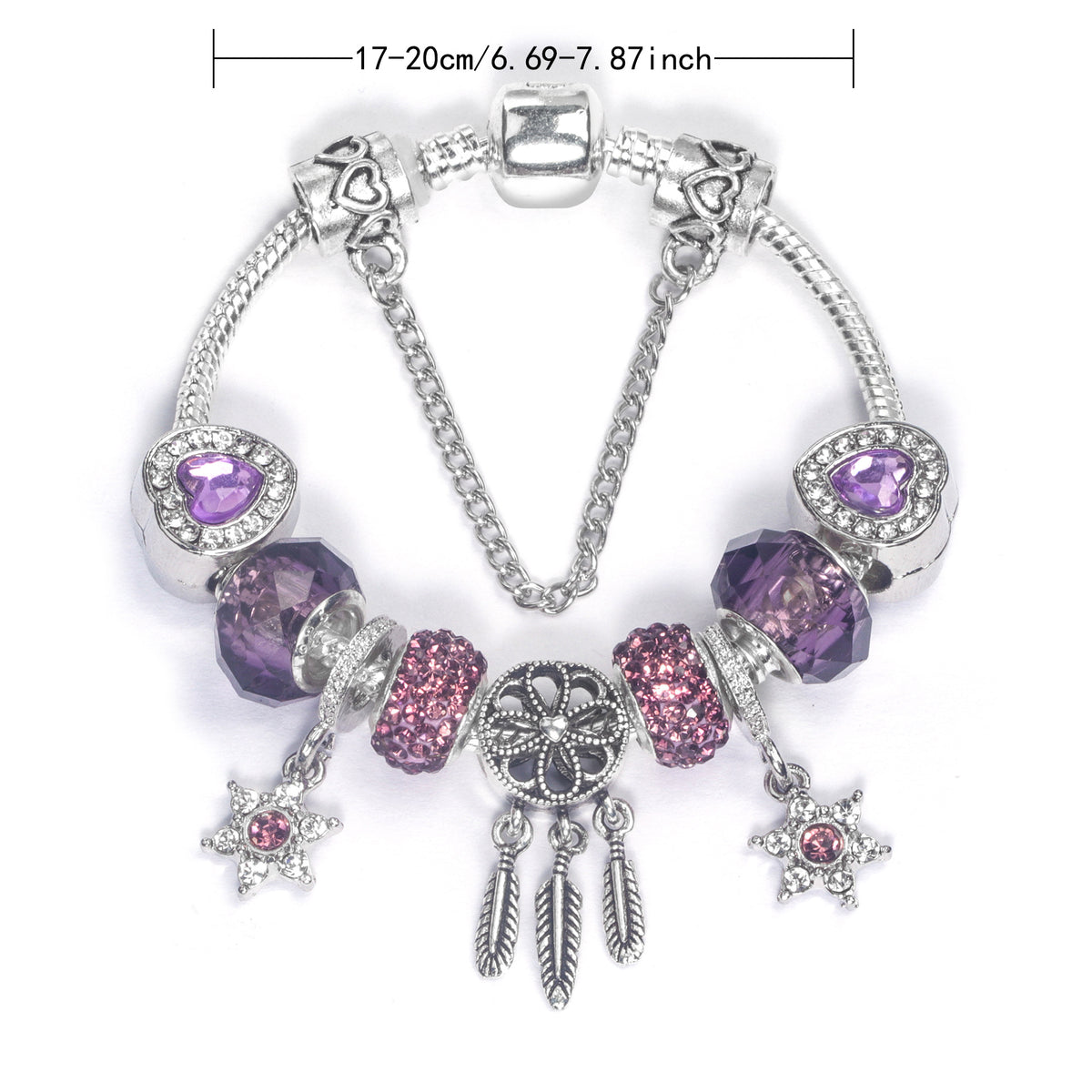 Purple Crystal Beaded Charm Bracelet with Star & Dreamcatcher Pendant, Rhinestone-Embedded DIY Alloy Bracelet(20cm)